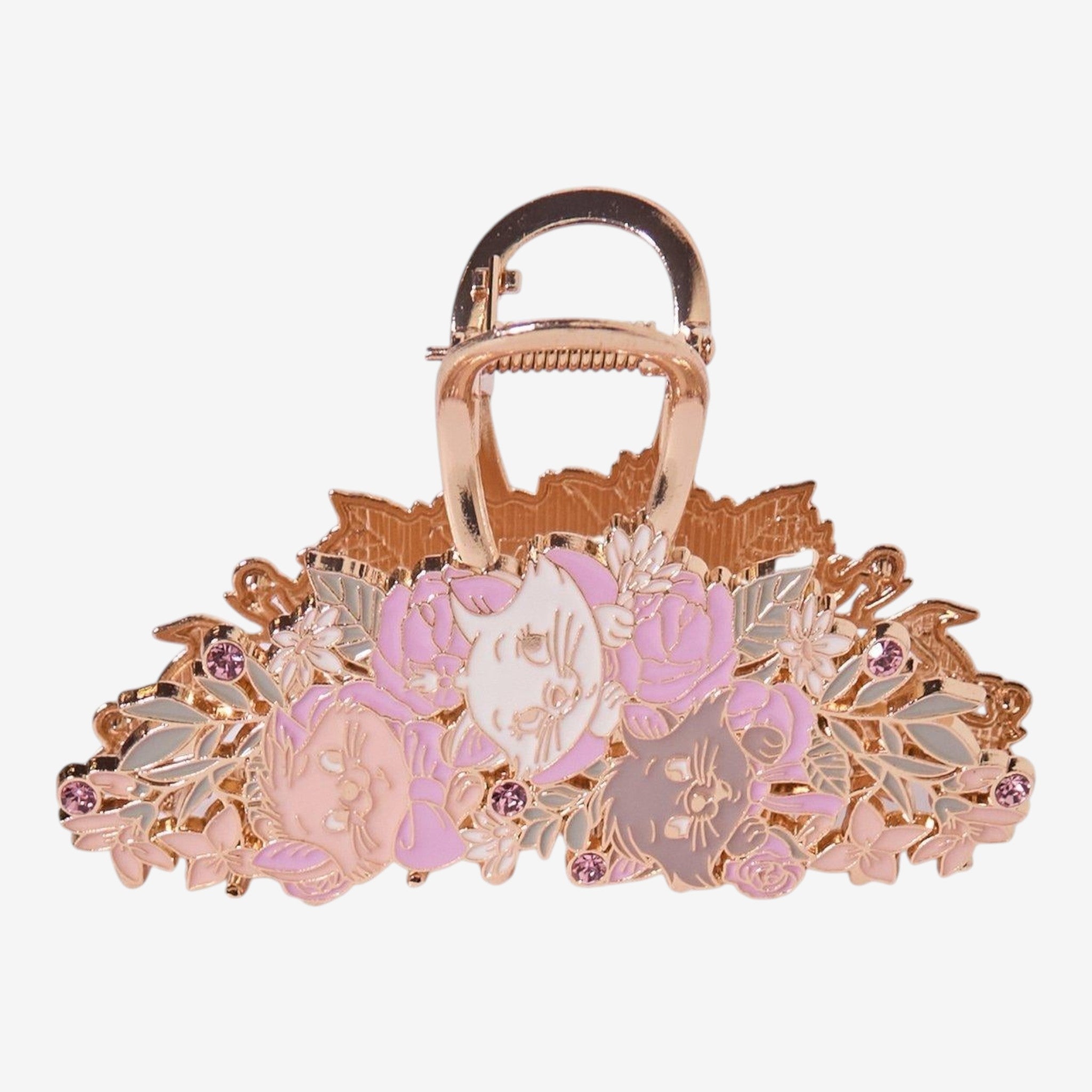 Once Upon Magic The Aristocats Marie, Toulouse, and Berlioz floral claw hair clip with pink and white flowers and gold metal.