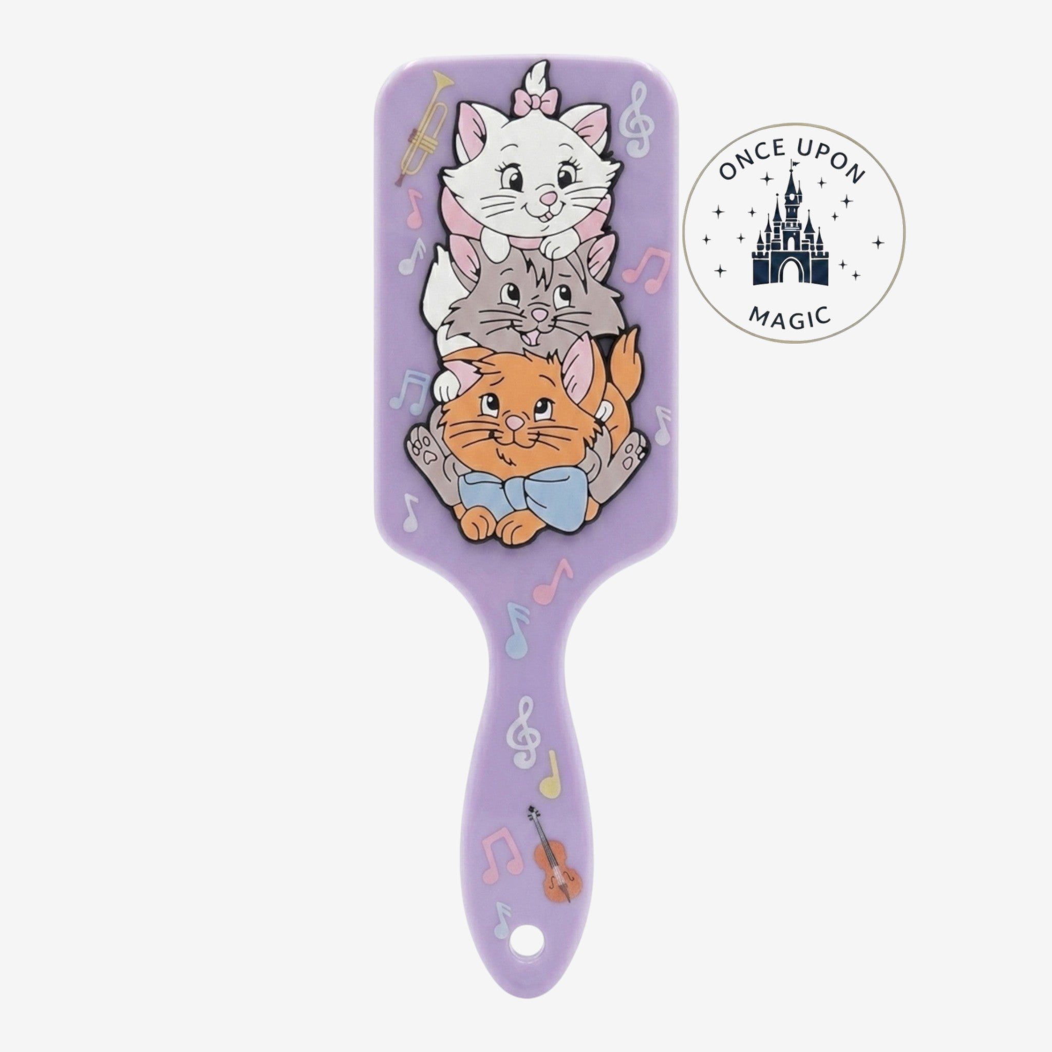 Once Upon Magic pastel purple hairbrush featuring stack of Aristocats characters and musical notes. Plastic with soft bristles.