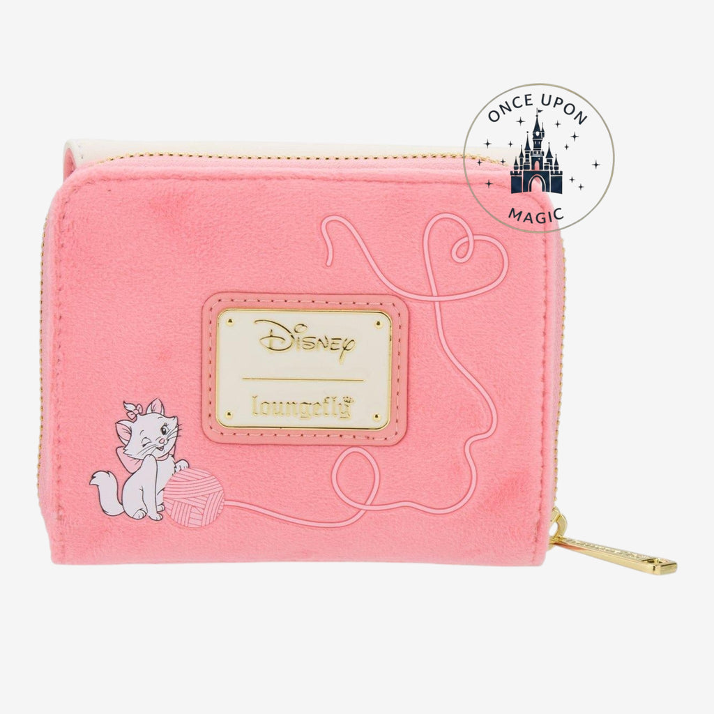Once Upon Magic pink fuzzy wallet with embroidered Aristocats kitten and yarn design, gold Disney Loungefly logo.