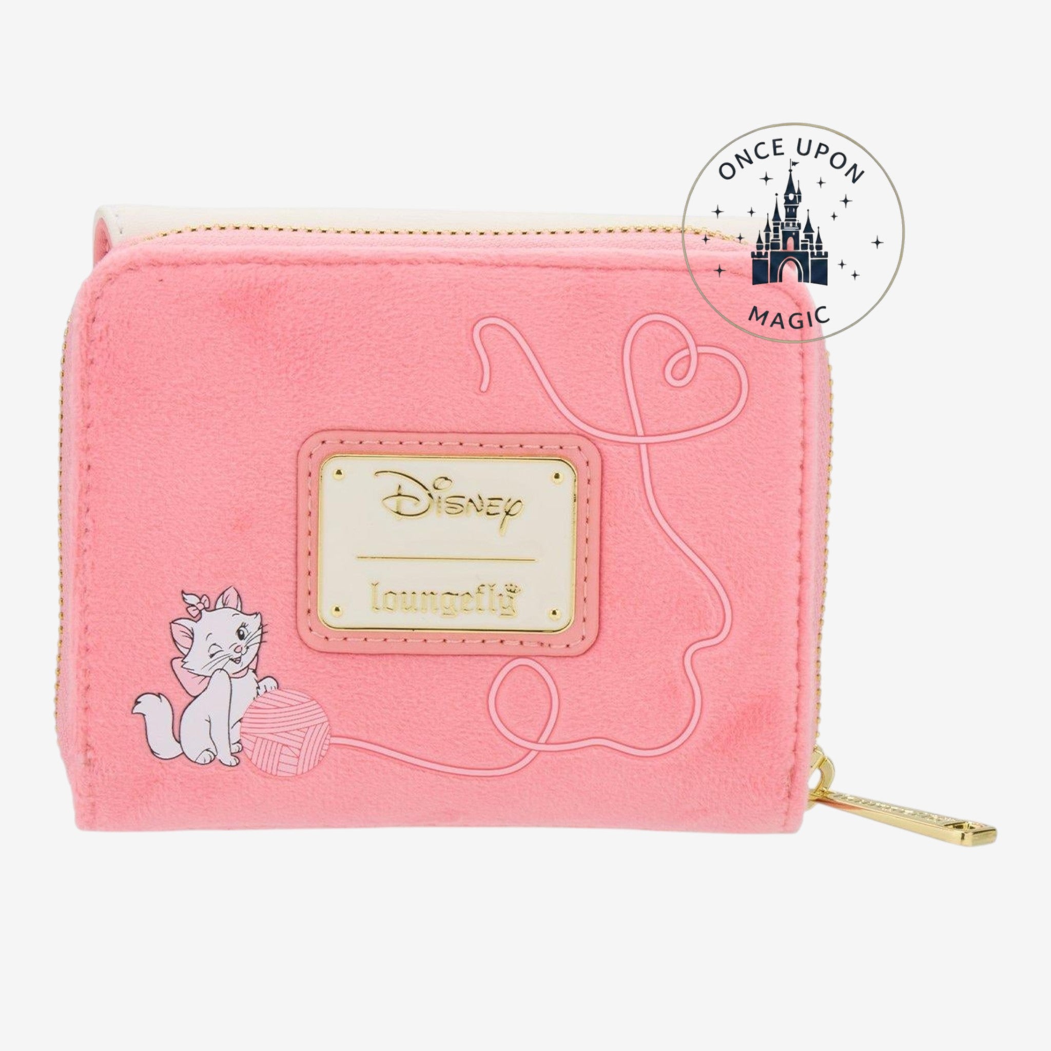 Once Upon Magic pink fuzzy wallet with embroidered Aristocats kitten and yarn design, gold Disney Loungefly logo.