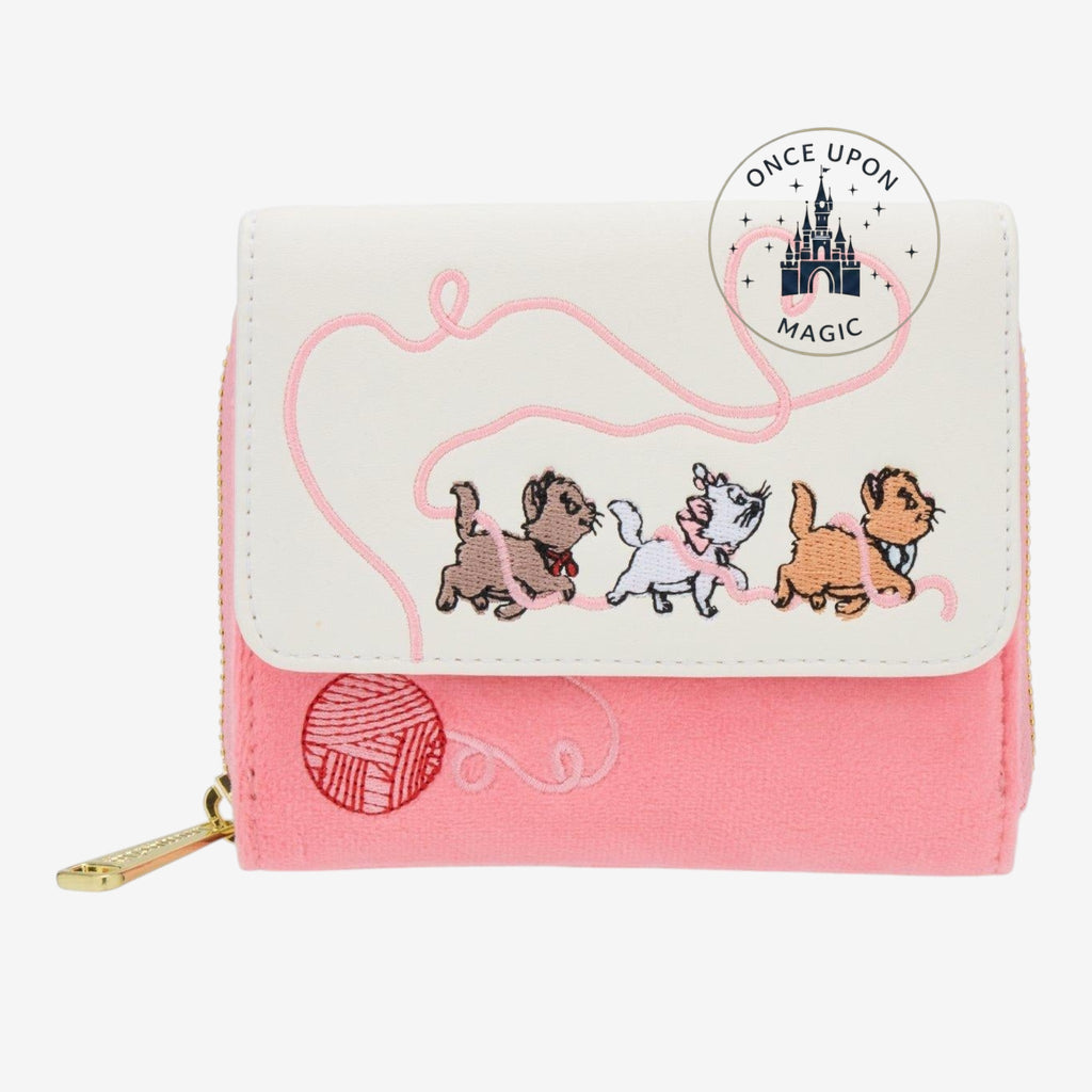Once Upon Magic Loungefly Disney The Aristocats wallet with embroidered kittens and yarn, fuzzy pink material.
