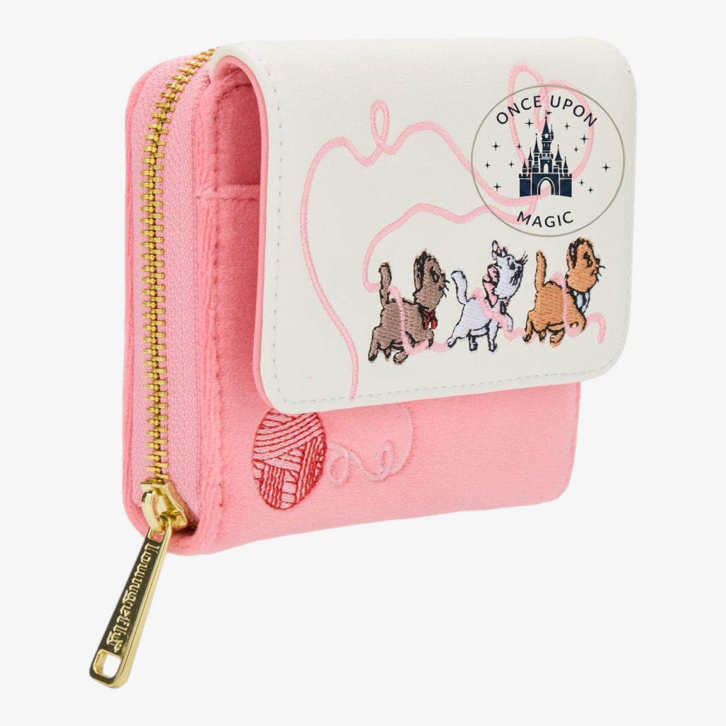 Once Upon Magic The Aristocats pink fuzzy wallet with embroidered kittens playing with yarn. Includes card slots and ID sleeve.