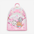 Once Upon Magic mini backpack featuring Marie, Toulouse, and Berlioz from The Aristocats among cherry blossoms. Pink and light blue.