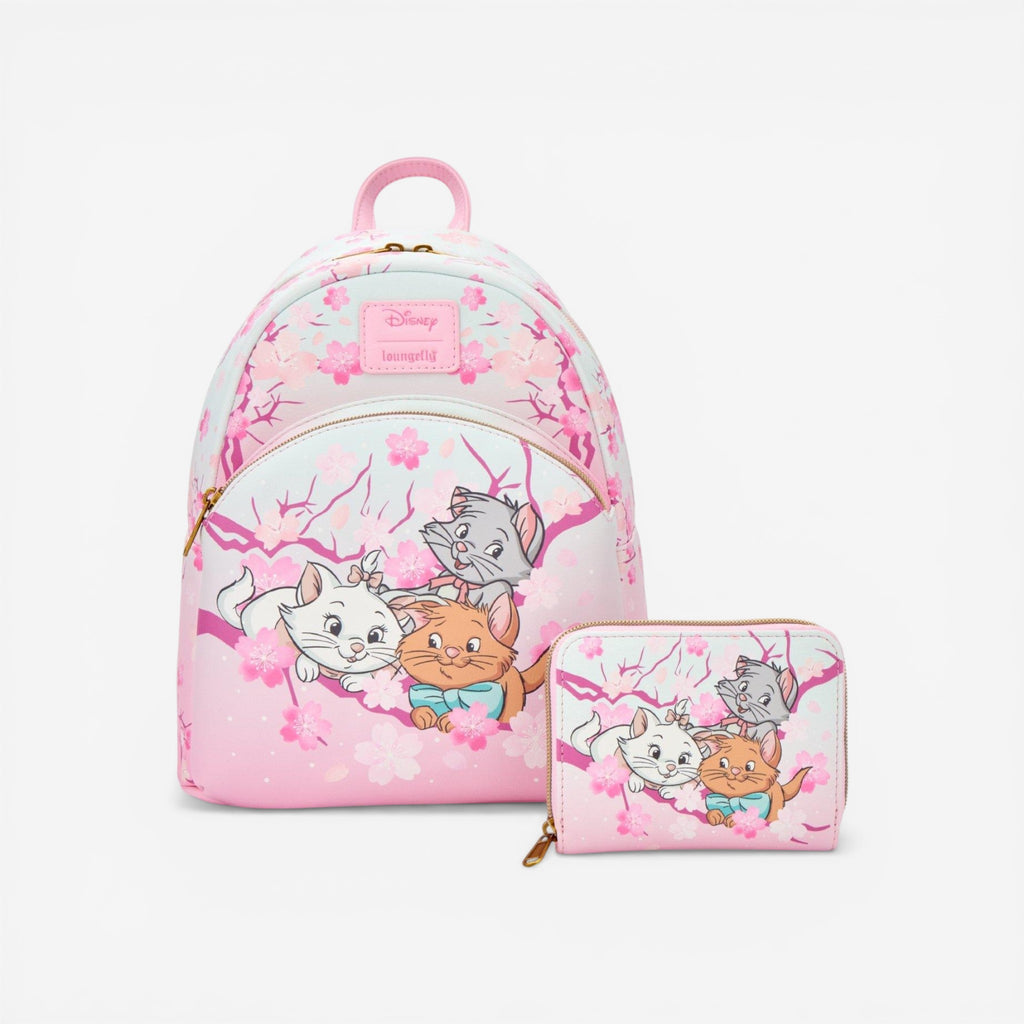 Once Upon Magic pink and blue mini backpack and wallet with Marie, Toulouse, and Berlioz from The Aristocats among cherry blossoms.