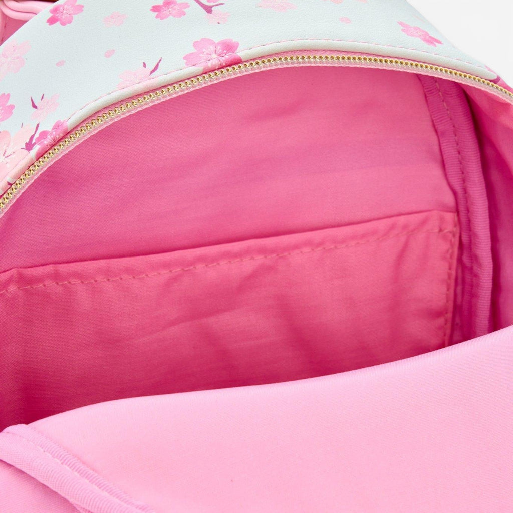 Once Upon Magic mini backpack with Marie, Toulouse & Berlioz from The Aristocats on a cherry blossom print. Pink interior.