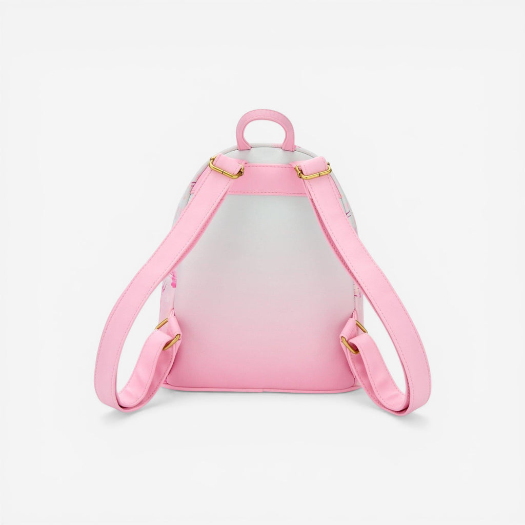 Once Upon Magic mini backpack featuring Marie, Toulouse, and Berlioz from The Aristocats with a cherry blossom print. Pink and white.