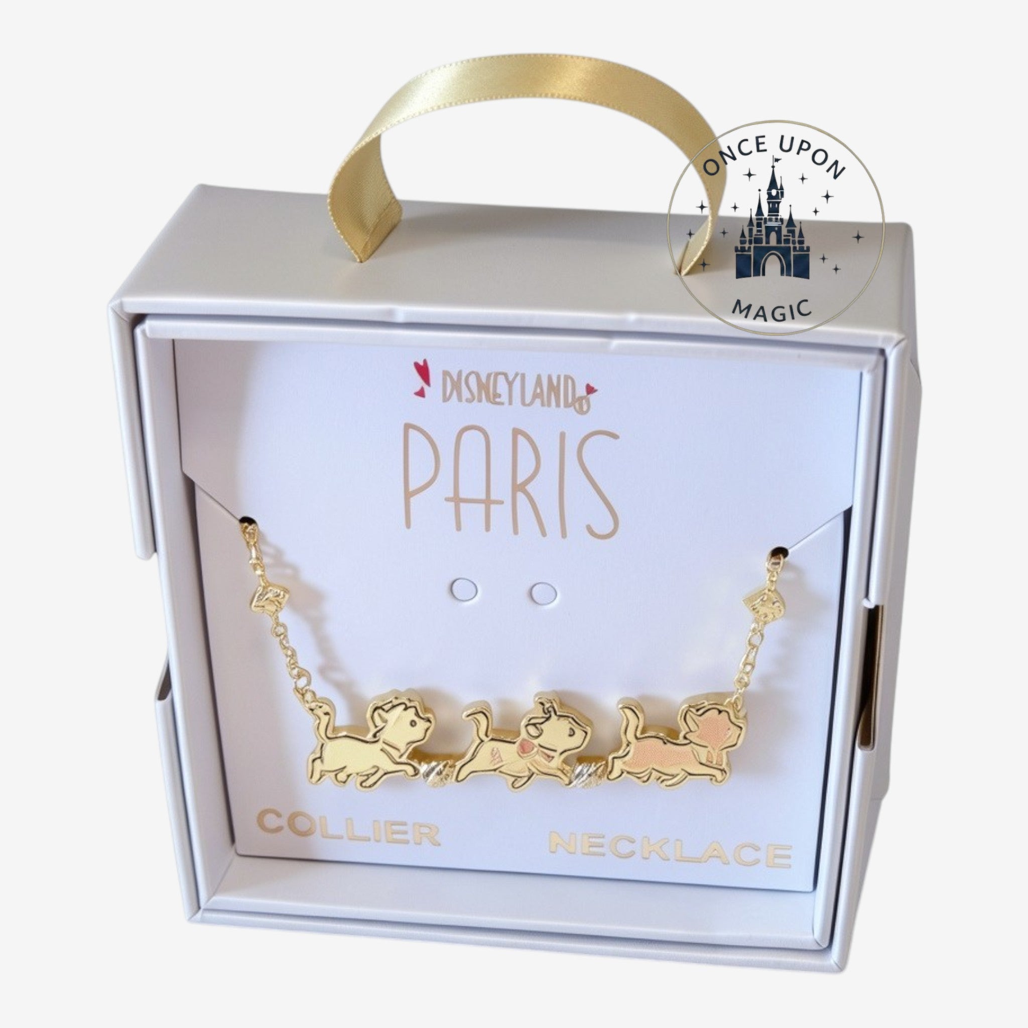 Once Upon Magic Disneyland Paris Aristocats necklace with gold-tone chain and three colorful enamel kitten charms.