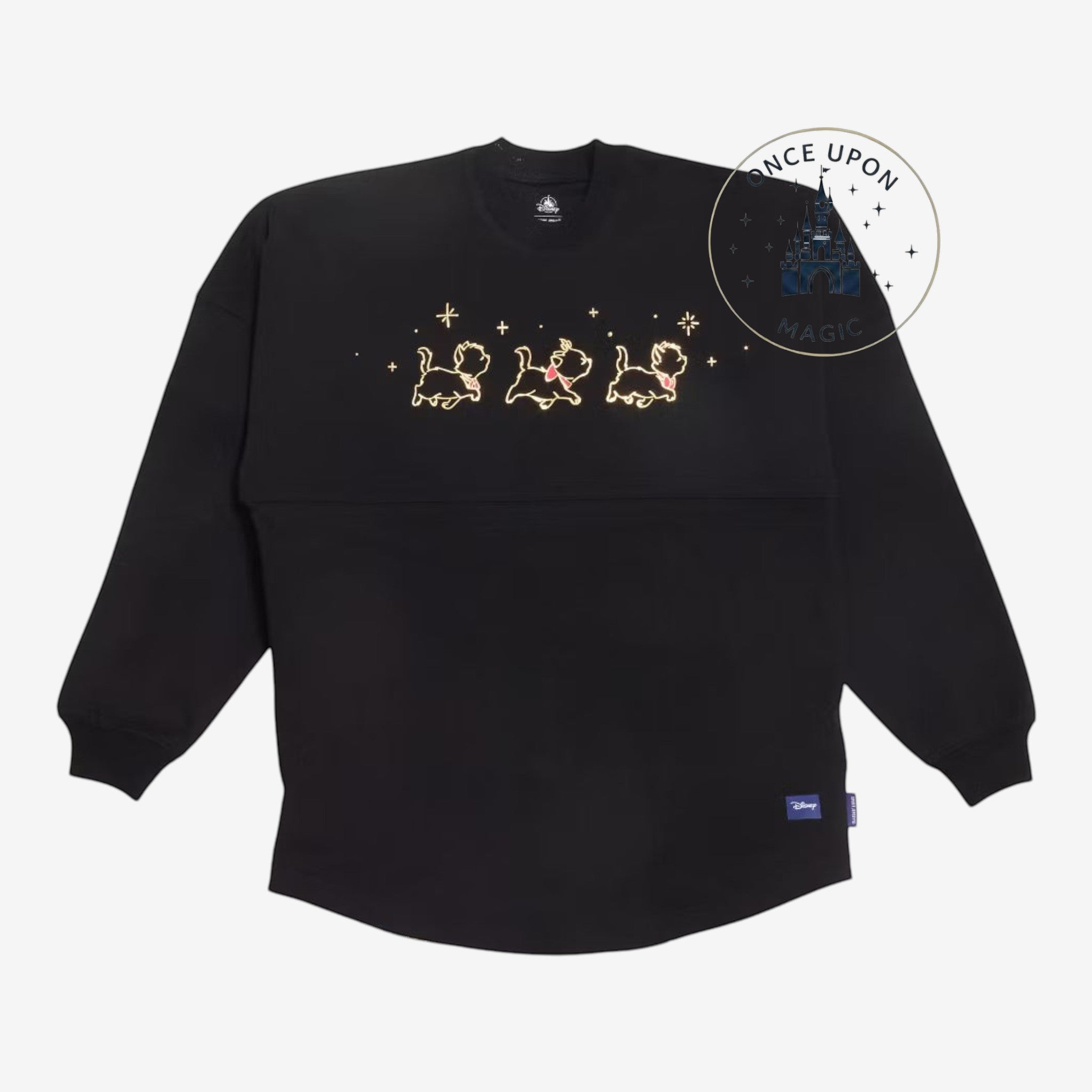 Once Upon Magic black 100% cotton Spirit Jersey with gold embroidered Aristocats kittens on the chest and Paris skyline on the back.