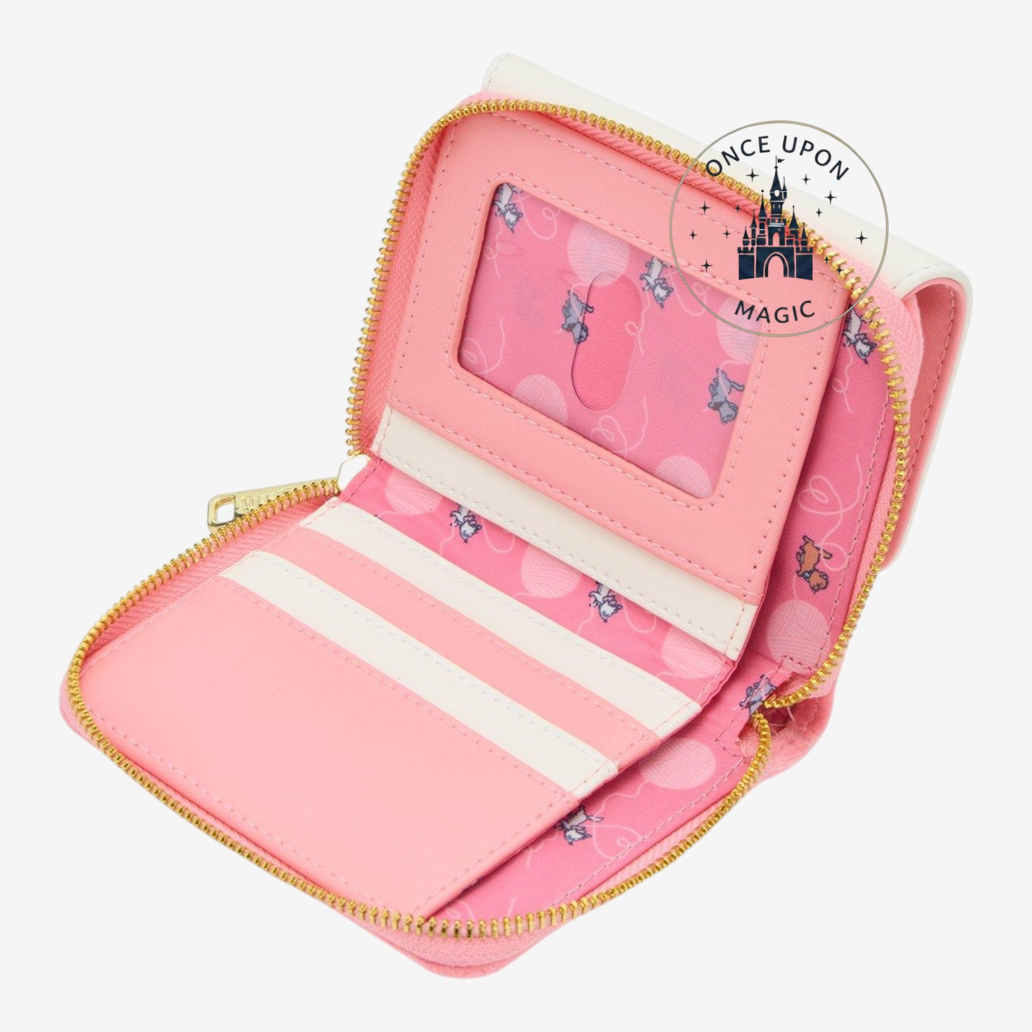 Once Upon Magic Loungefly Disney The Aristocats wallet with kittens and yarn design, pink with card slots and ID window.