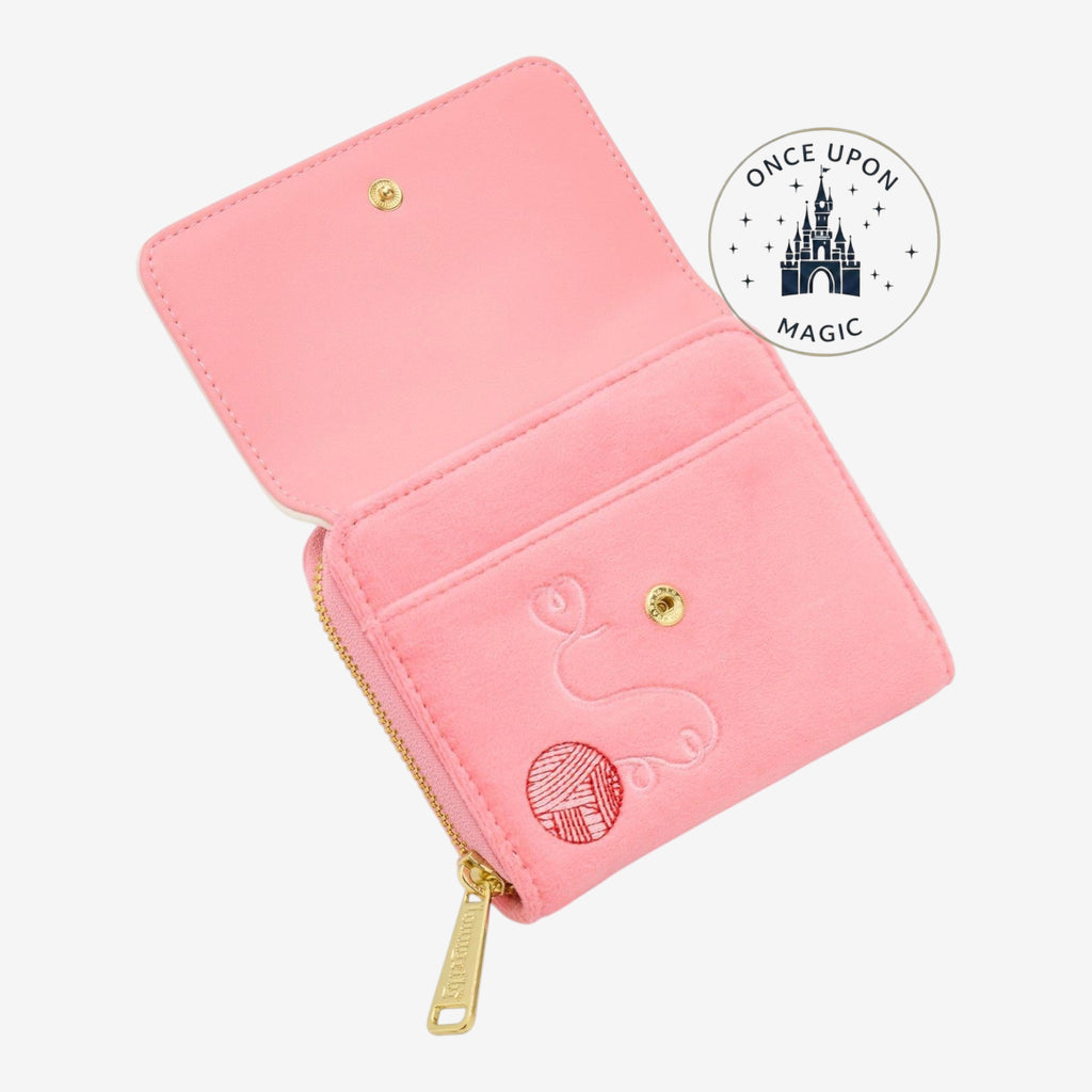 Once Upon Magic pink fuzzy wallet with embroidered Aristocats kittens and yarn design. Includes card slots and ID sleeve.
