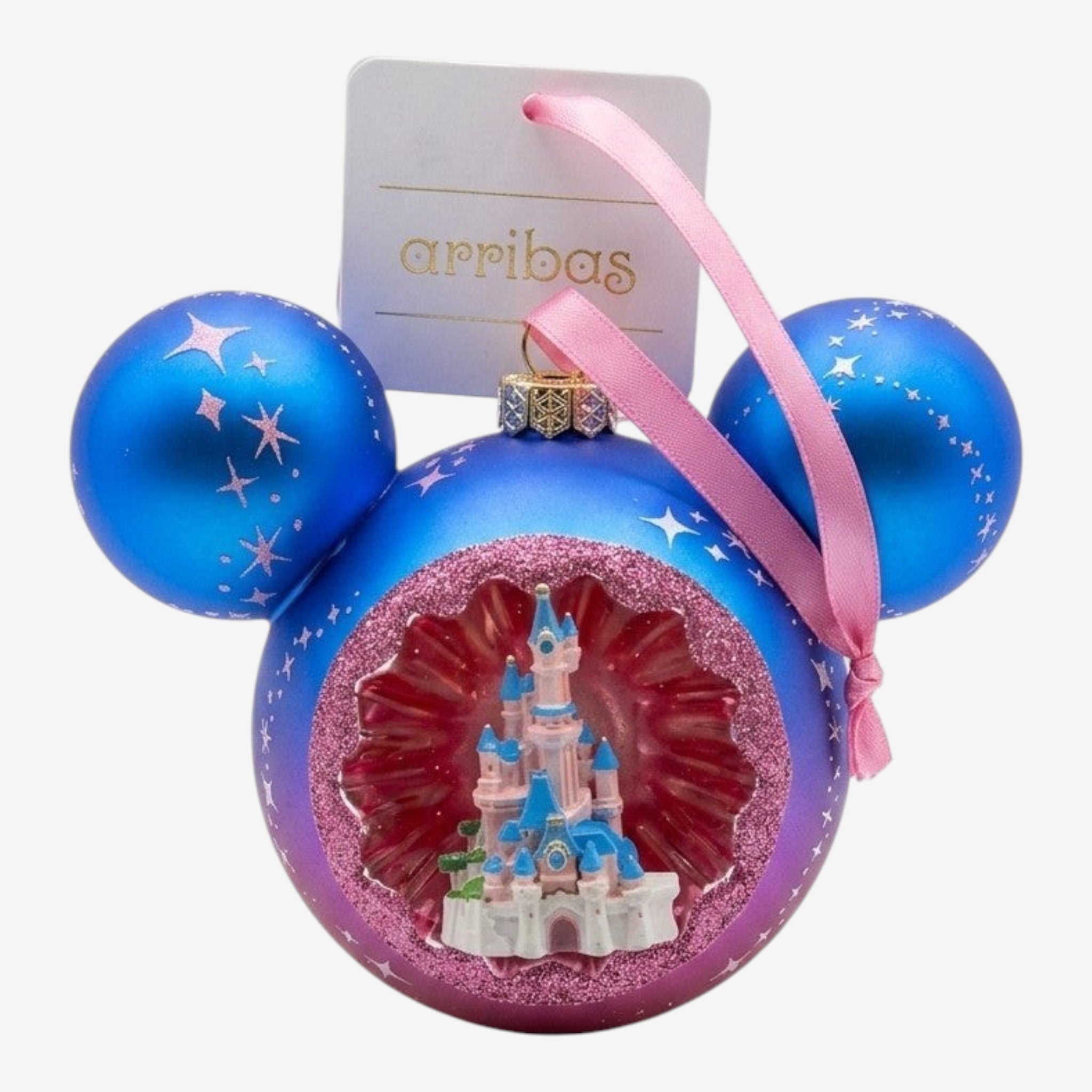 Once Upon Magic Arribas Mickey Mouse castle ornament with blue and pink gradient, pink stars, and a miniature castle inside.
