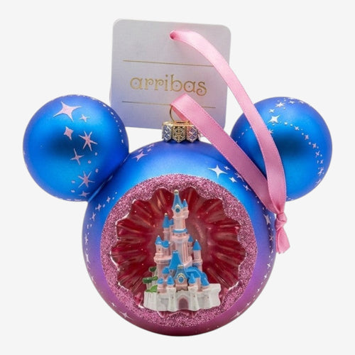 Once Upon Magic Arribas Mickey Mouse castle ornament with blue and pink gradient, pink stars, and a miniature castle inside.