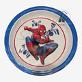 Assiette en plastique Once Upon Magic pour enfant avec motif Spider-Man, rebord bleu et détails rouges.
