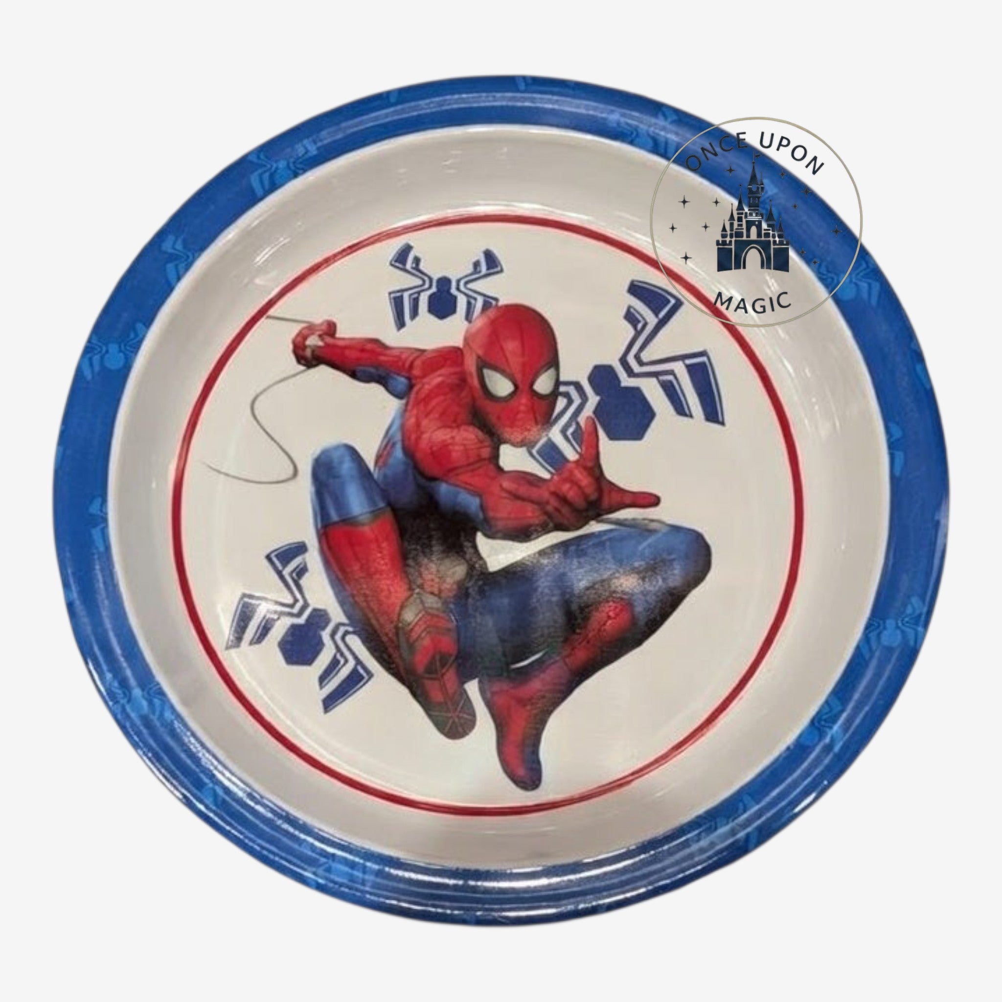 Assiette en plastique Once Upon Magic pour enfant avec motif Spider-Man, rebord bleu et détails rouges.