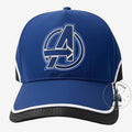 Once Upon Magic blue baseball cap with embroidered Avengers logo, white trim, and honeycomb visor detail.