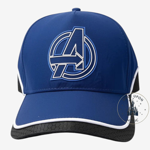 Once Upon Magic blue baseball cap with embroidered Avengers logo, white trim, and honeycomb visor detail.