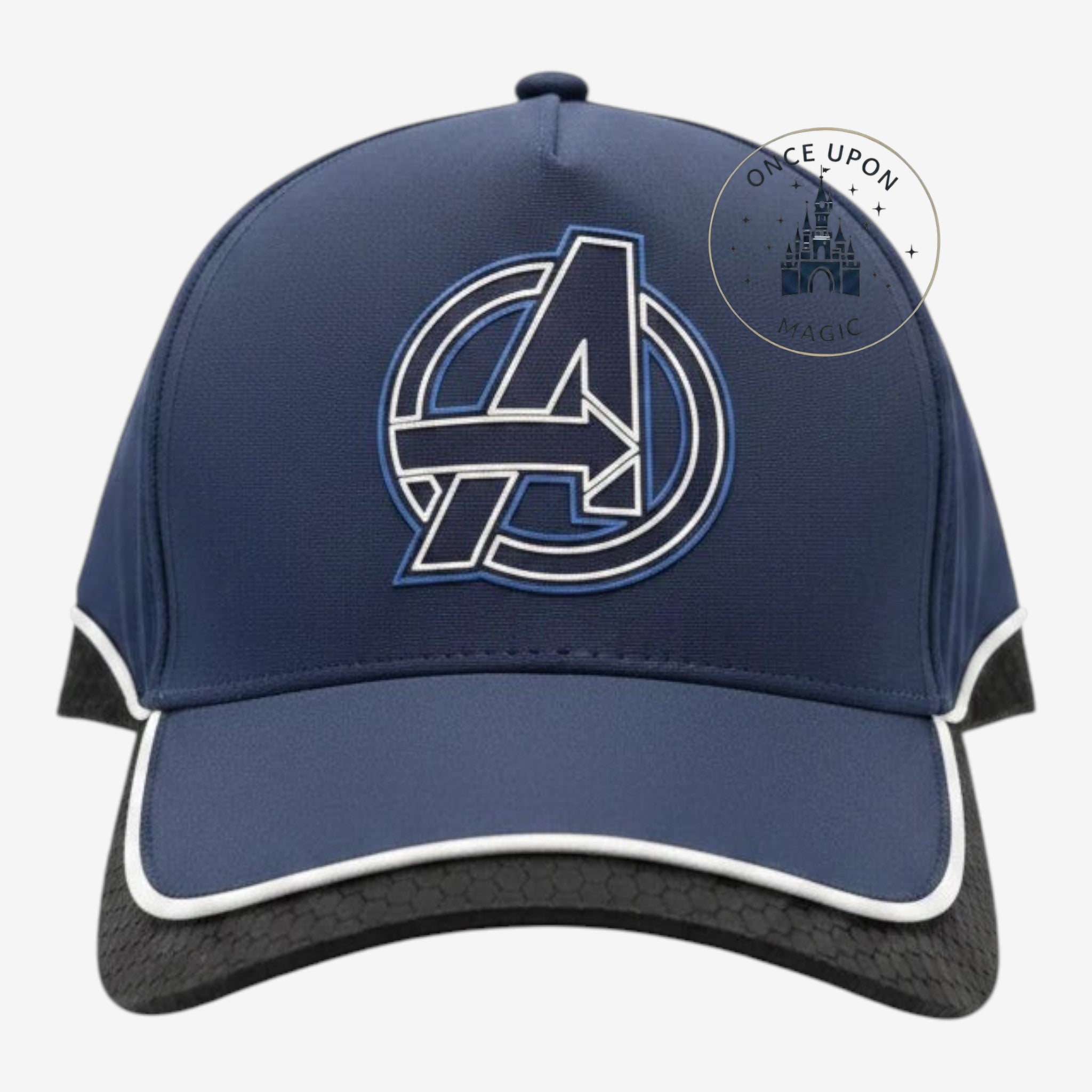 Once Upon Magic navy blue Avengers baseball cap with a black textured brim and white piping detail.