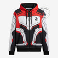 Once Upon Magic Avengers Quantum Suit zip-up hoodie in red, white, and black with chest logo and armor graphic print.