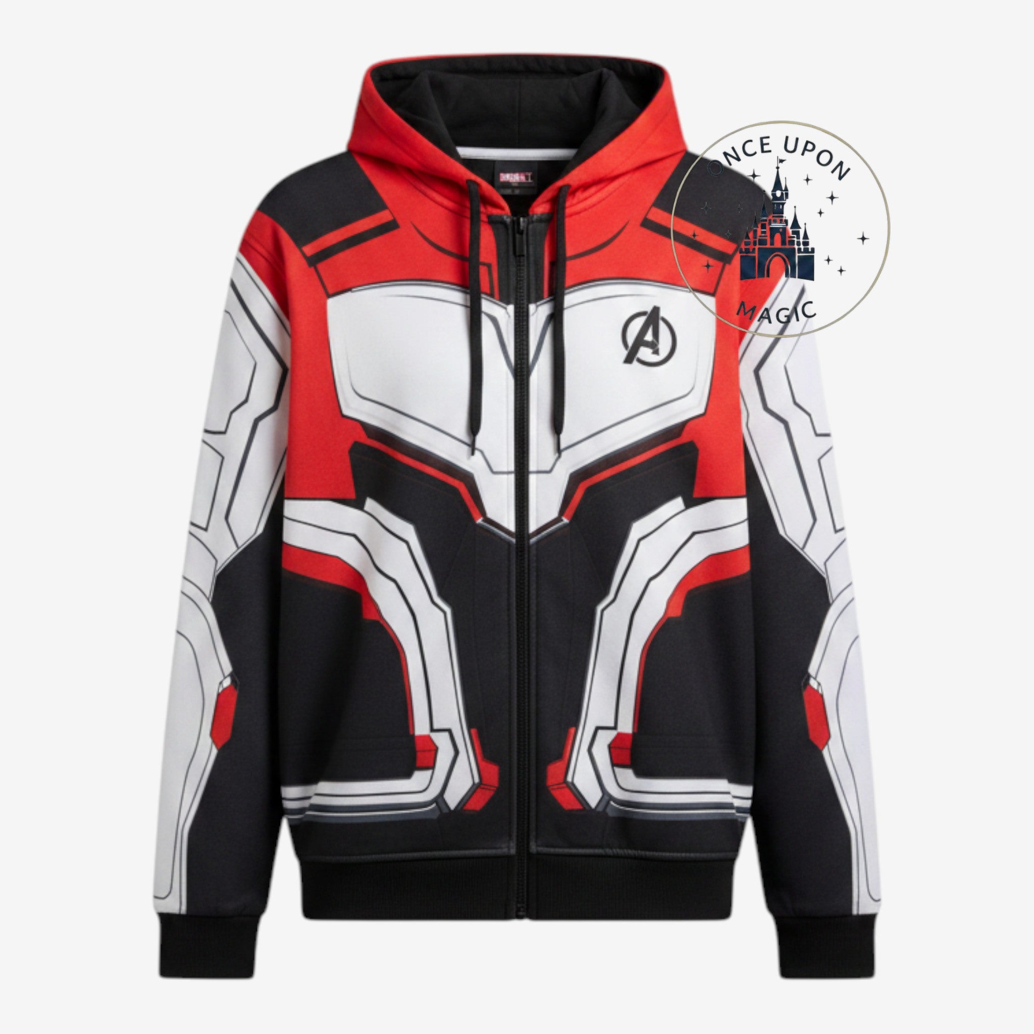Once Upon Magic Avengers Quantum Suit zip-up hoodie in red, white, and black with chest logo and armor graphic print.