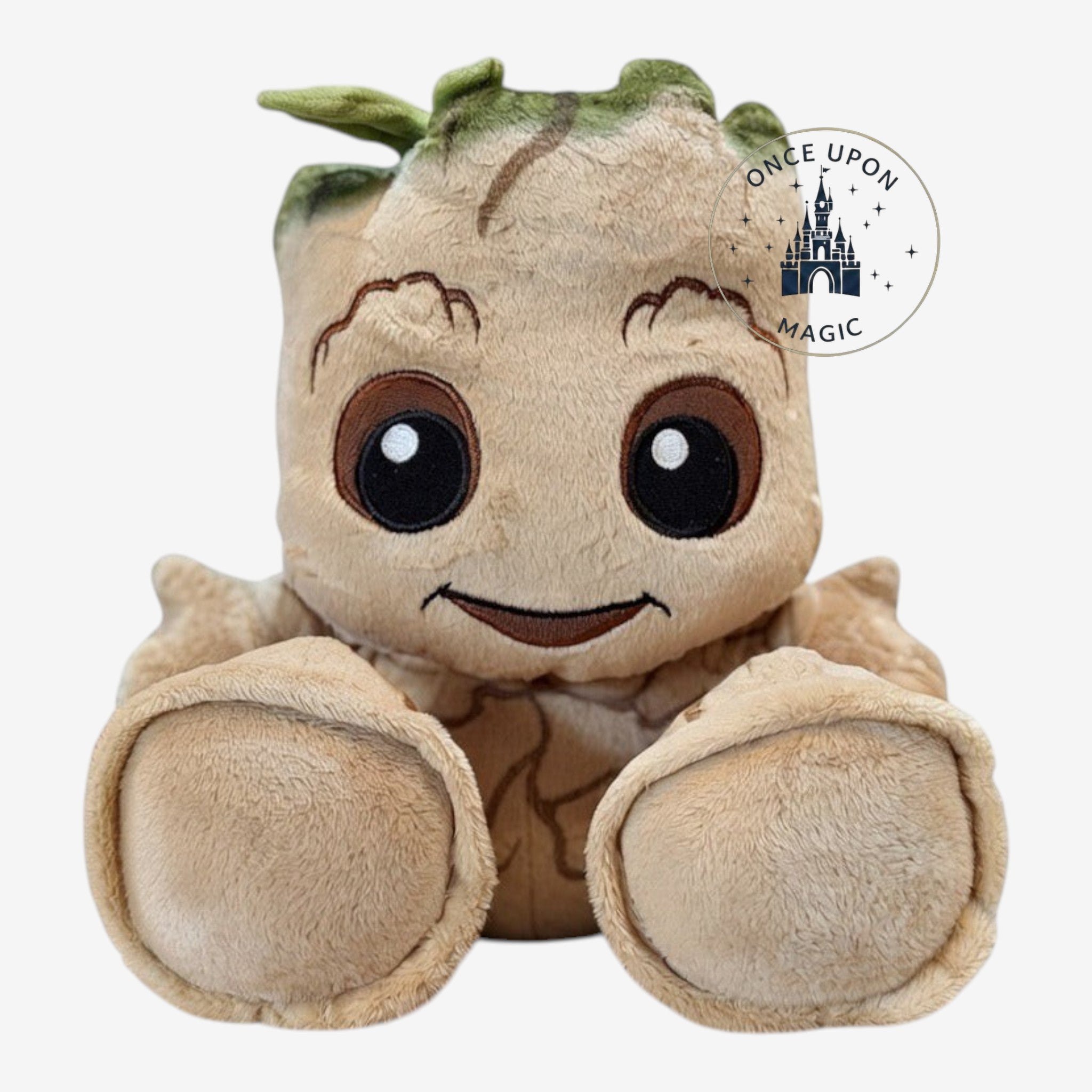 Once Upon Magic Disney Big Feet Baby Groot plush toy with soft brown fabric, green leaf details, and embroidered eyes.