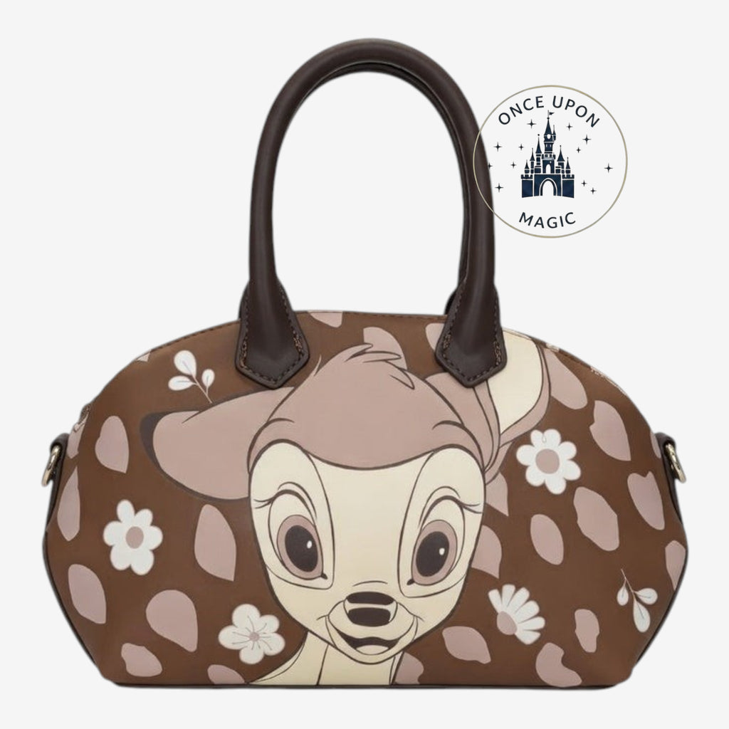 Once Upon Magic brown faux leather Bambi handbag with floral print and double handles. Disneyland Paris exclusive.