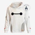 Once Upon Magic white Baymax pullover hoodie with black eyes, grey side panels, and red sleeve accents.