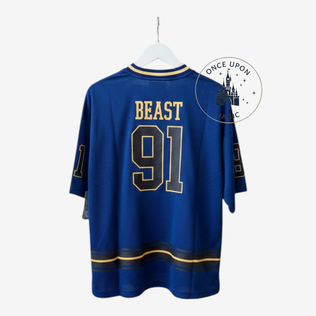 Once Upon Magic royal blue and gold Beauty and the Beast hockey jersey with BEAST 91 lettering on the back