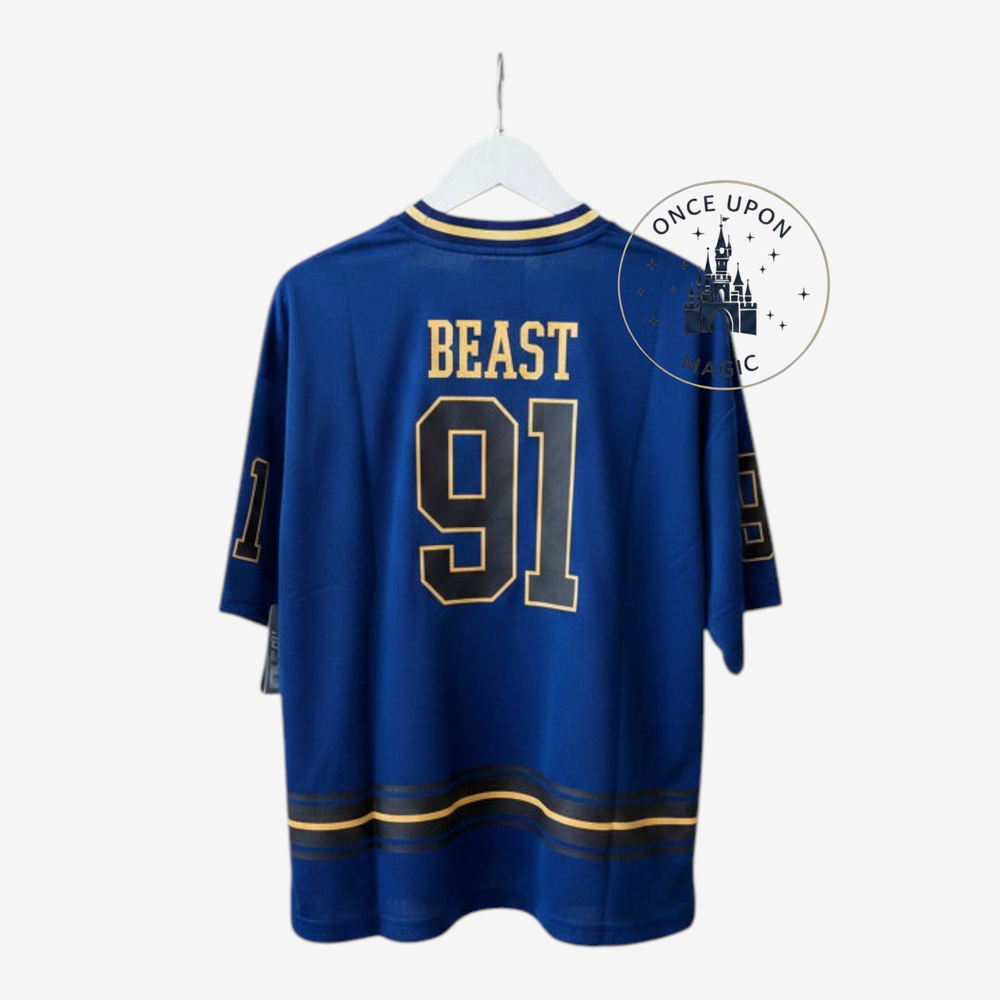 Once Upon Magic royal blue and gold Beauty and the Beast hockey jersey with BEAST 91 lettering on the back