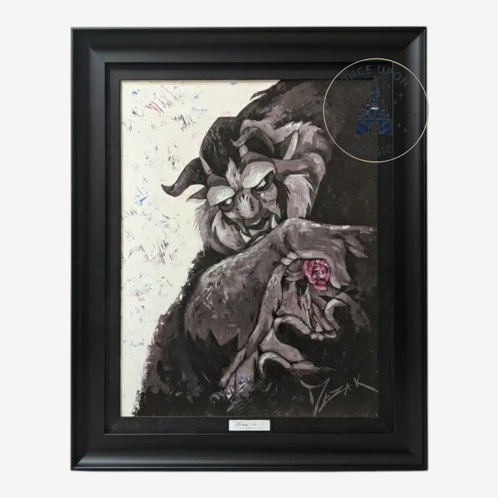 Once Upon Magic Disney Silver Series framed canvas featuring a monochromatic Beast illustration with a red rose.