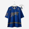 Once Upon Magic royal blue Beauty and the Beast hockey jersey with gold BEAST lettering and Lumiere embroidery