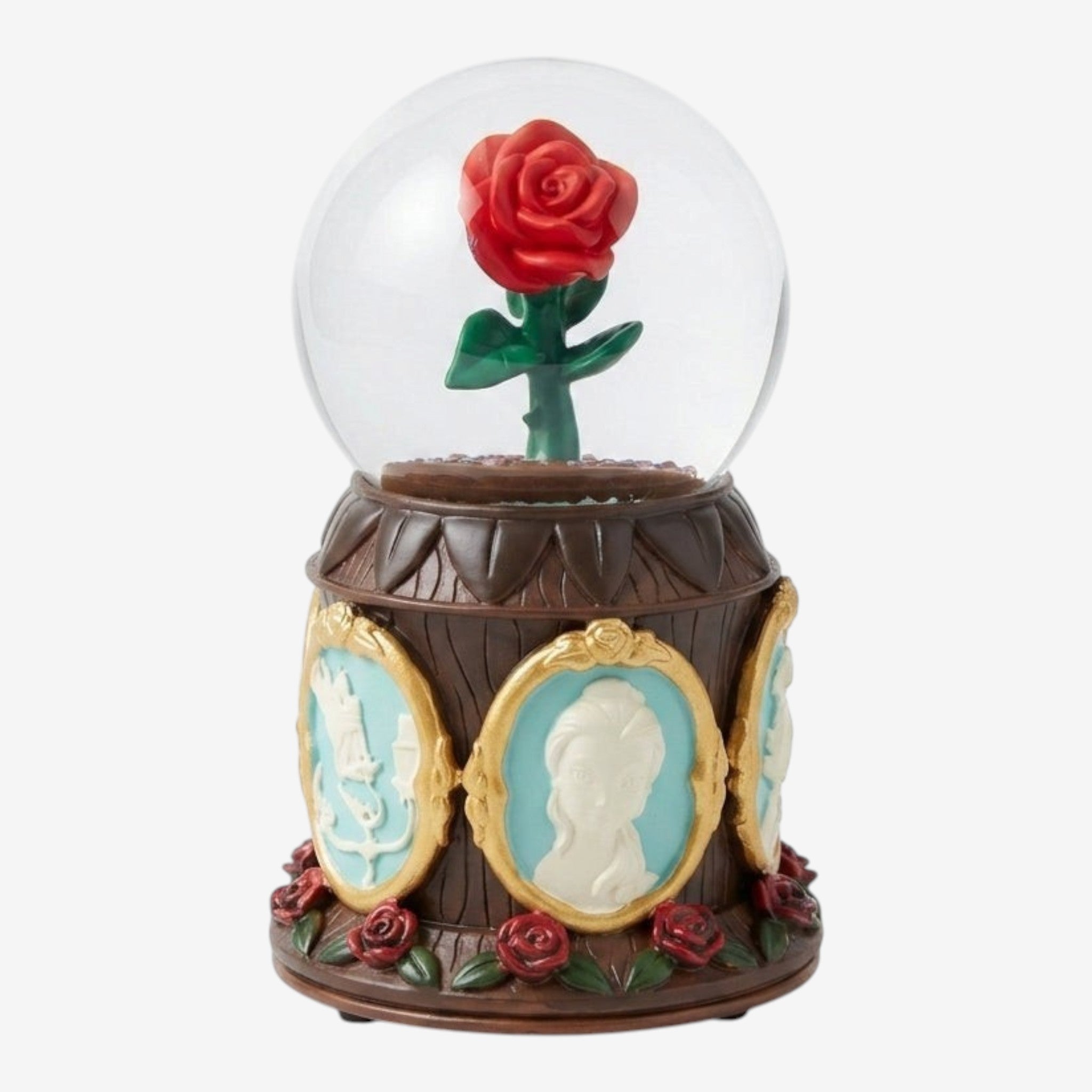 Once Upon Magic Enchanted Rose snow globe from Beauty and the Beast, featuring Belle and the Beast's castle.