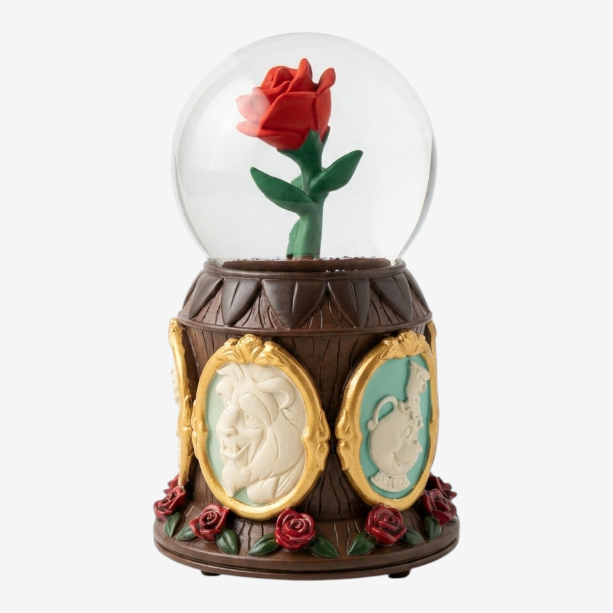 Once Upon Magic Enchanted Rose snow globe from Beauty and the Beast, featuring a red rose under glass on a detailed base with character reliefs.