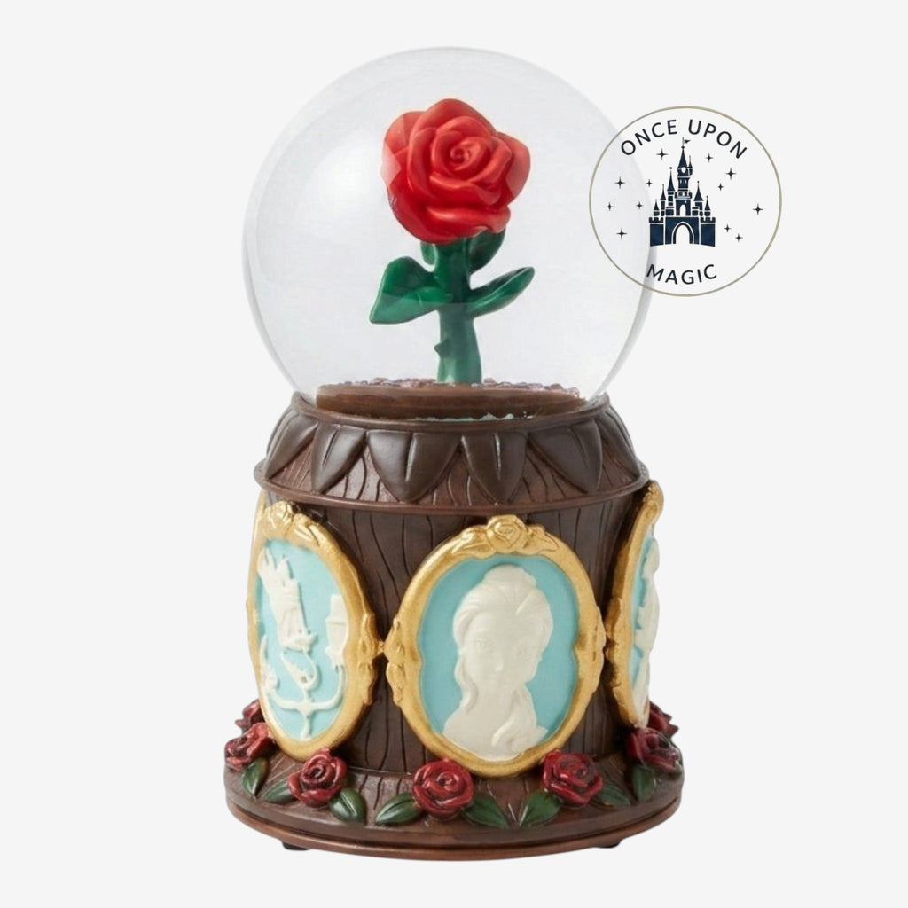 Once Upon Magic Enchanted Rose snow globe from Beauty and the Beast, featuring Belle and the Beast's castle.
