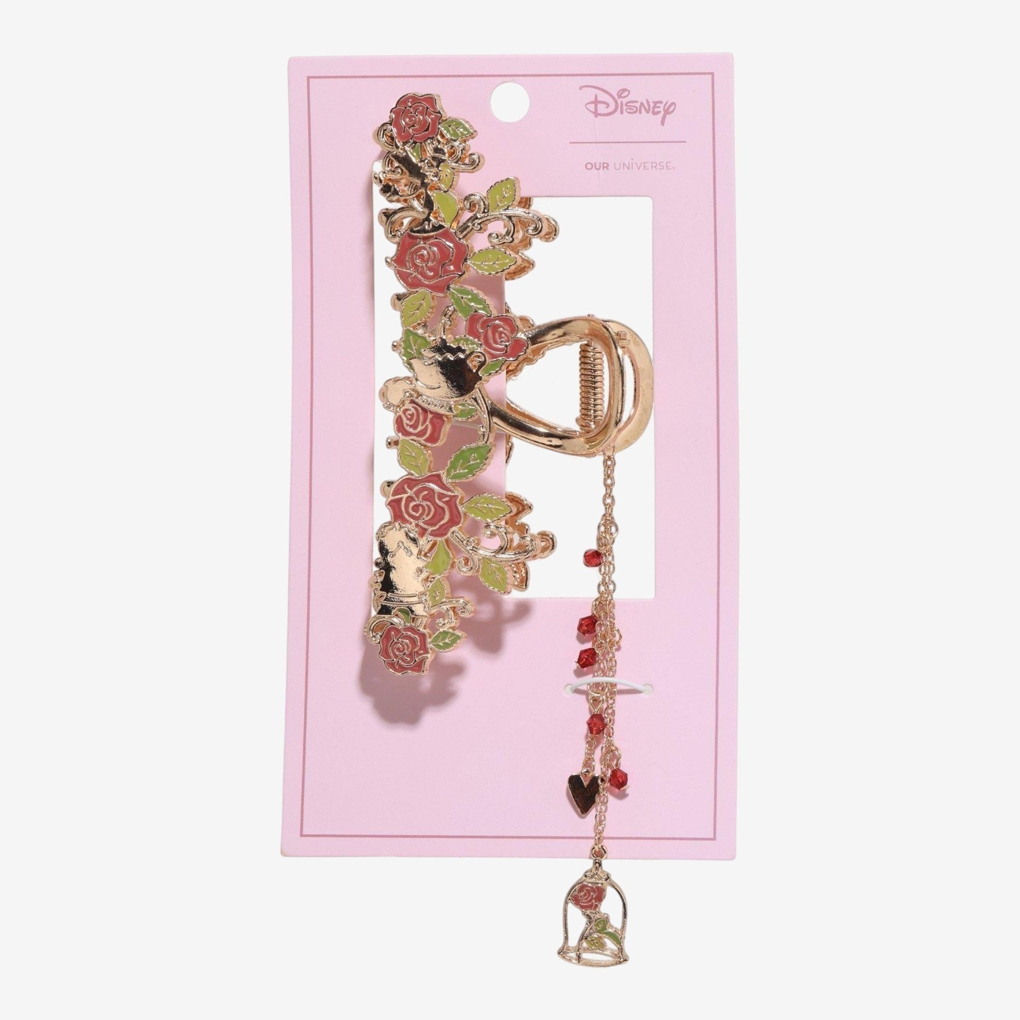 Once Upon Magic metallic rose claw hair clip inspired by Disney's Beauty and the Beast, featuring red roses and a dangling charm.
