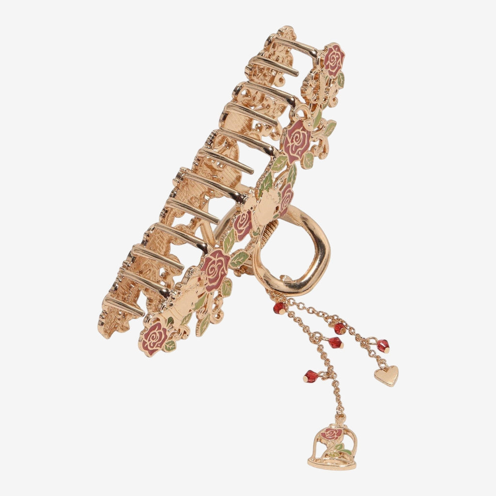 Once Upon Magic metallic rose claw clip inspired by Beauty and the Beast, featuring red roses and dangling charms.
