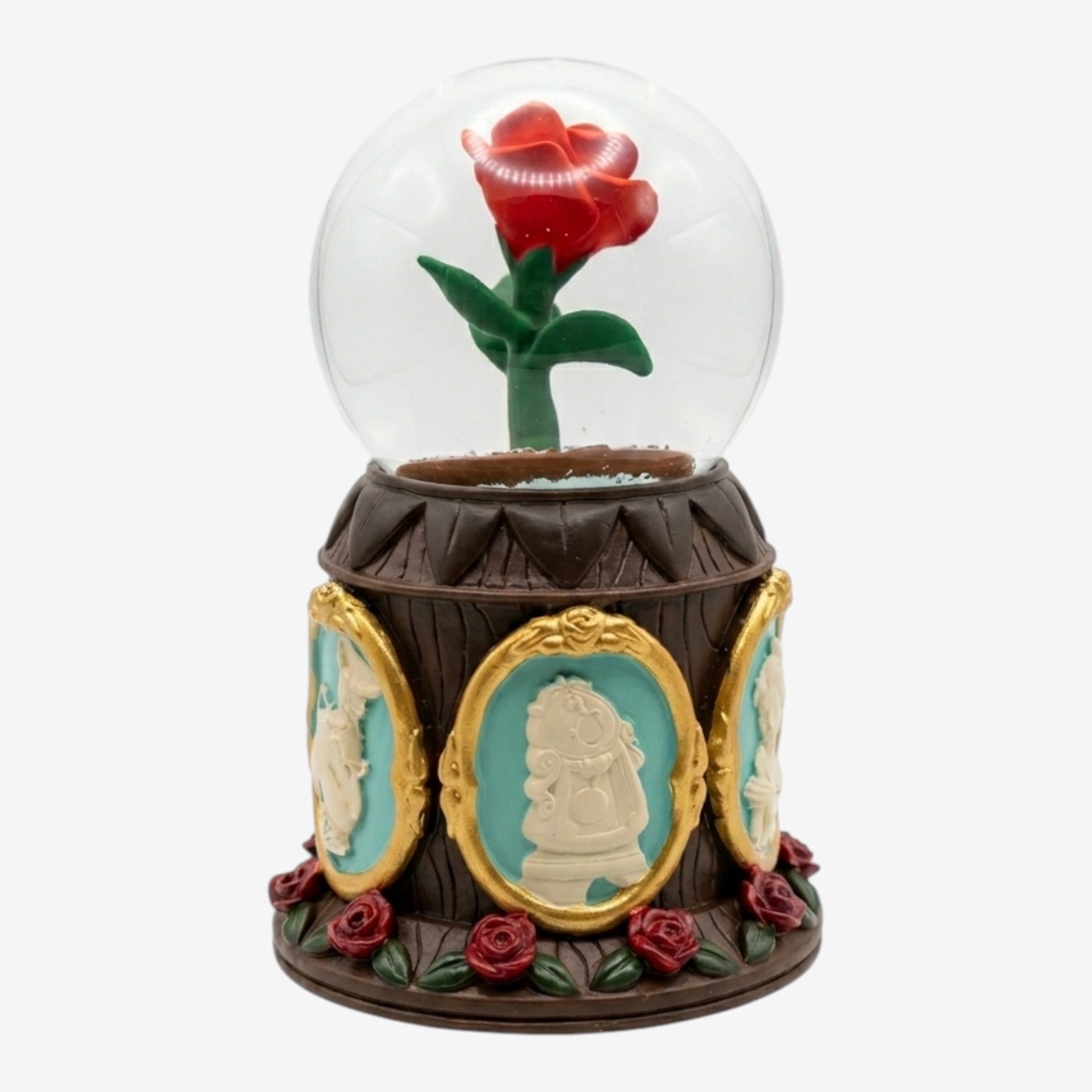 Once Upon Magic Enchanted Rose snow globe from Beauty and the Beast, featuring a red rose under glass on a detailed base with character reliefs.