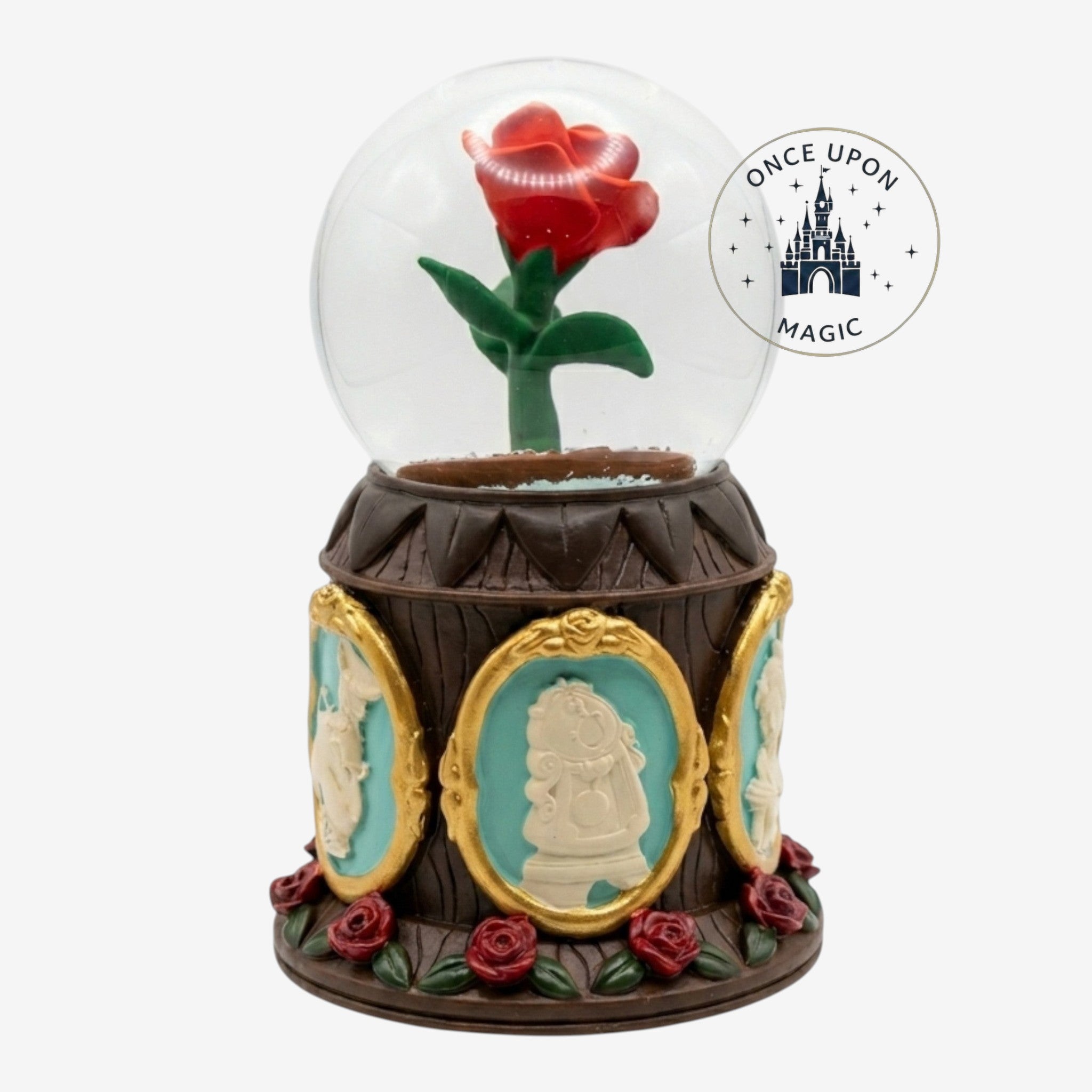 Once Upon Magic Enchanted Rose snow globe from Beauty and the Beast, featuring a red rose under glass on a detailed base with character reliefs.