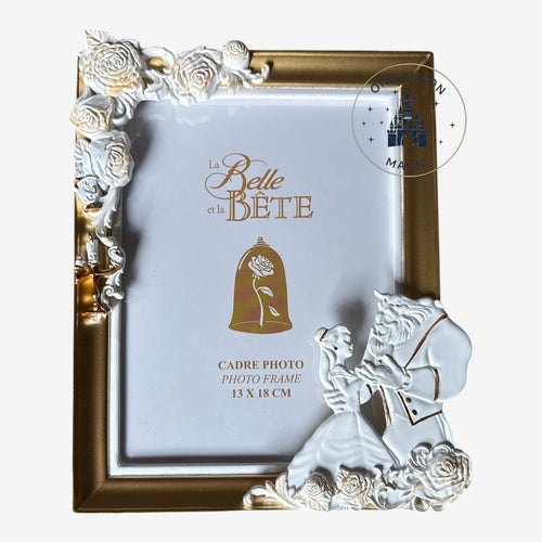 Once Upon Magic Beauty and the Beast photo frame with Belle and Beast figures, white roses, and gold accents.