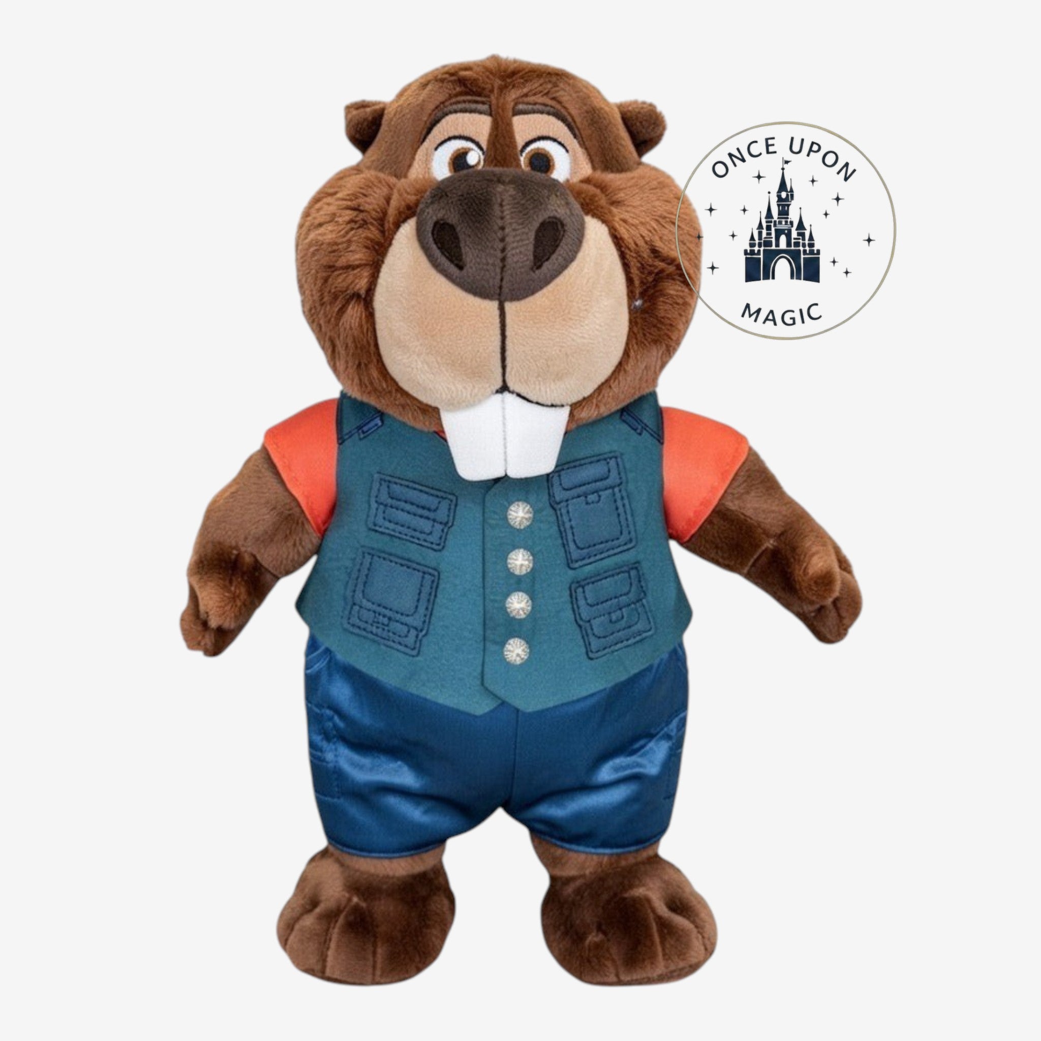 Once Upon Magic plush beaver toy wearing a teal utility vest, orange sleeves, and blue shorts with a friendly grin.