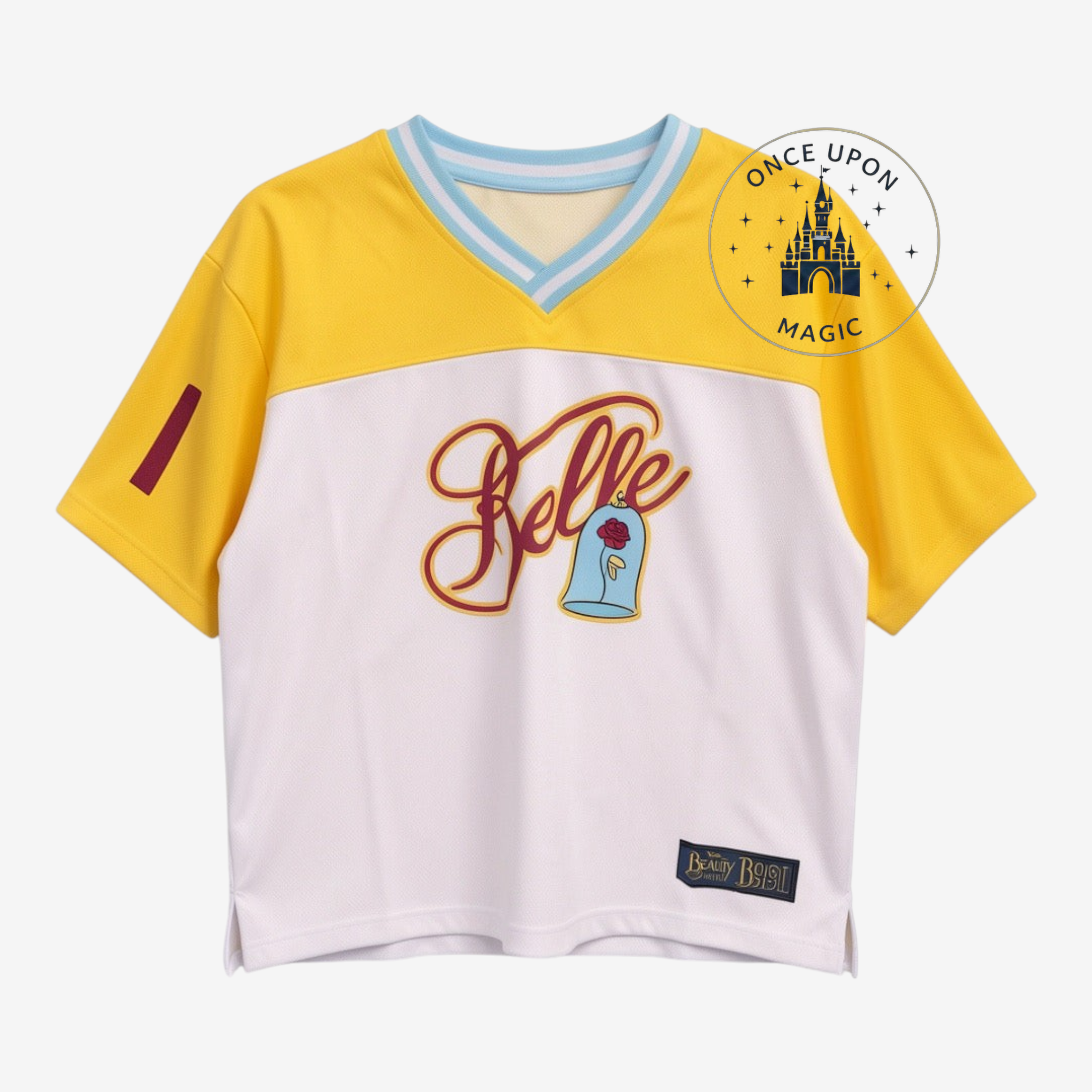 Once Upon Magic Belle 91 jersey featuring a white and yellow design with a blue striped V-neck and enchanted rose graphic.