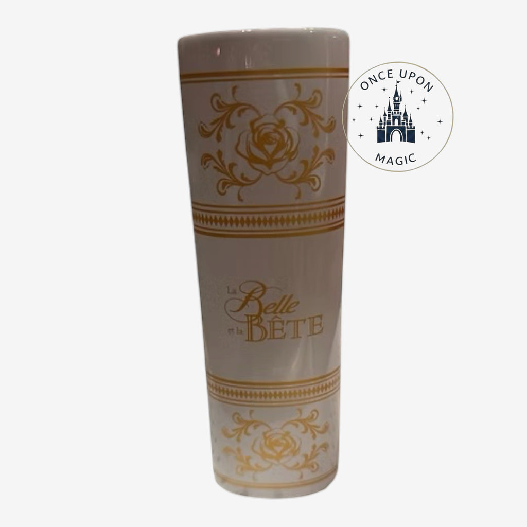 Once Upon Magic Belle vase from Beauty and the Beast featuring elegant gold rose patterns and white ceramic finish.