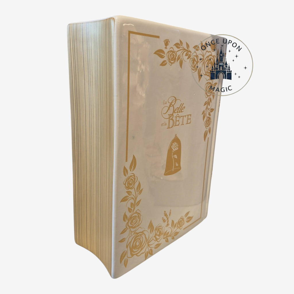 Once Upon Magic Belle book-shaped ceramic vase with gold La Belle et la Bête rose illustration and floral details