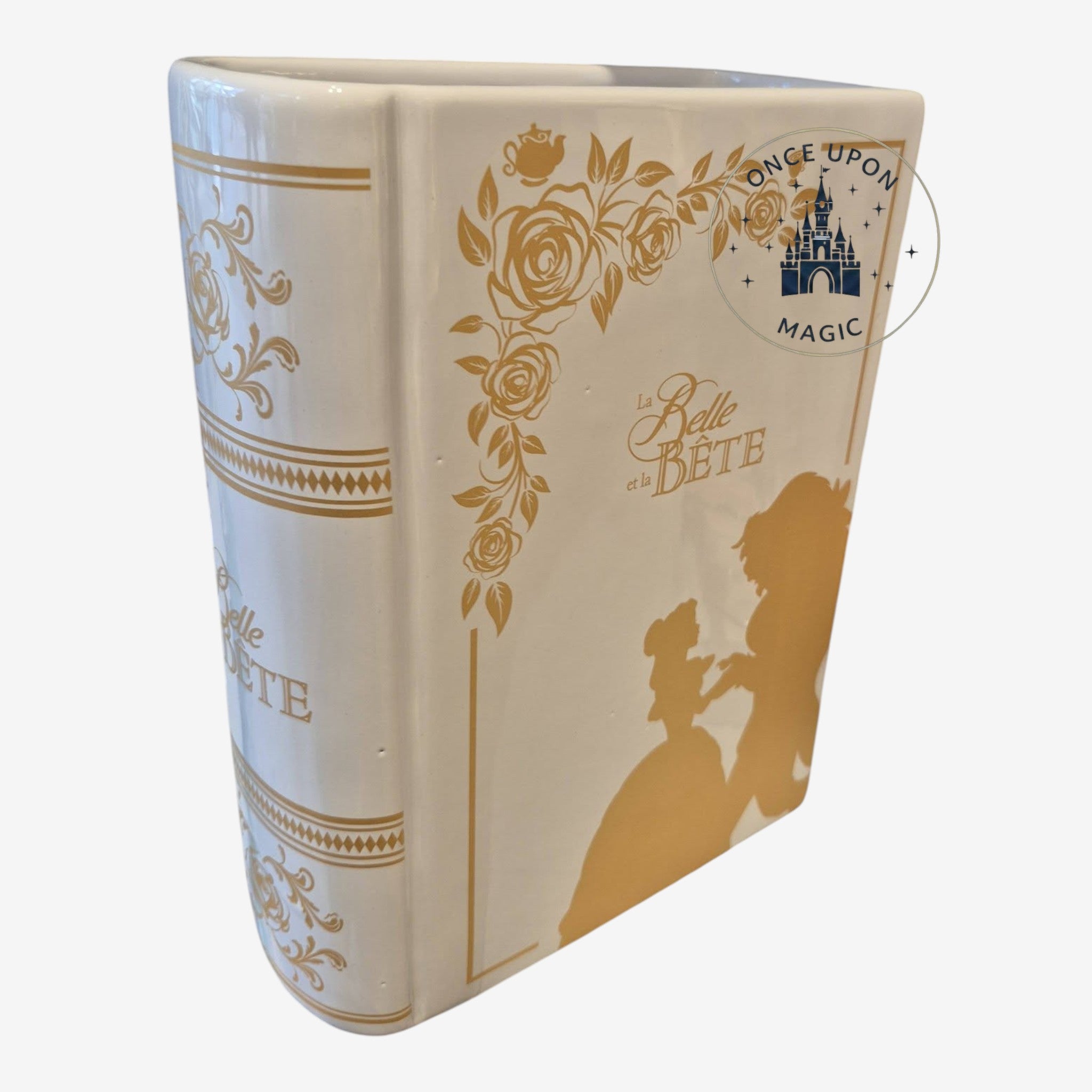 Once Upon Magic Belle Disney ceramic vase shaped like a book with gold Beauty and the Beast illustrations