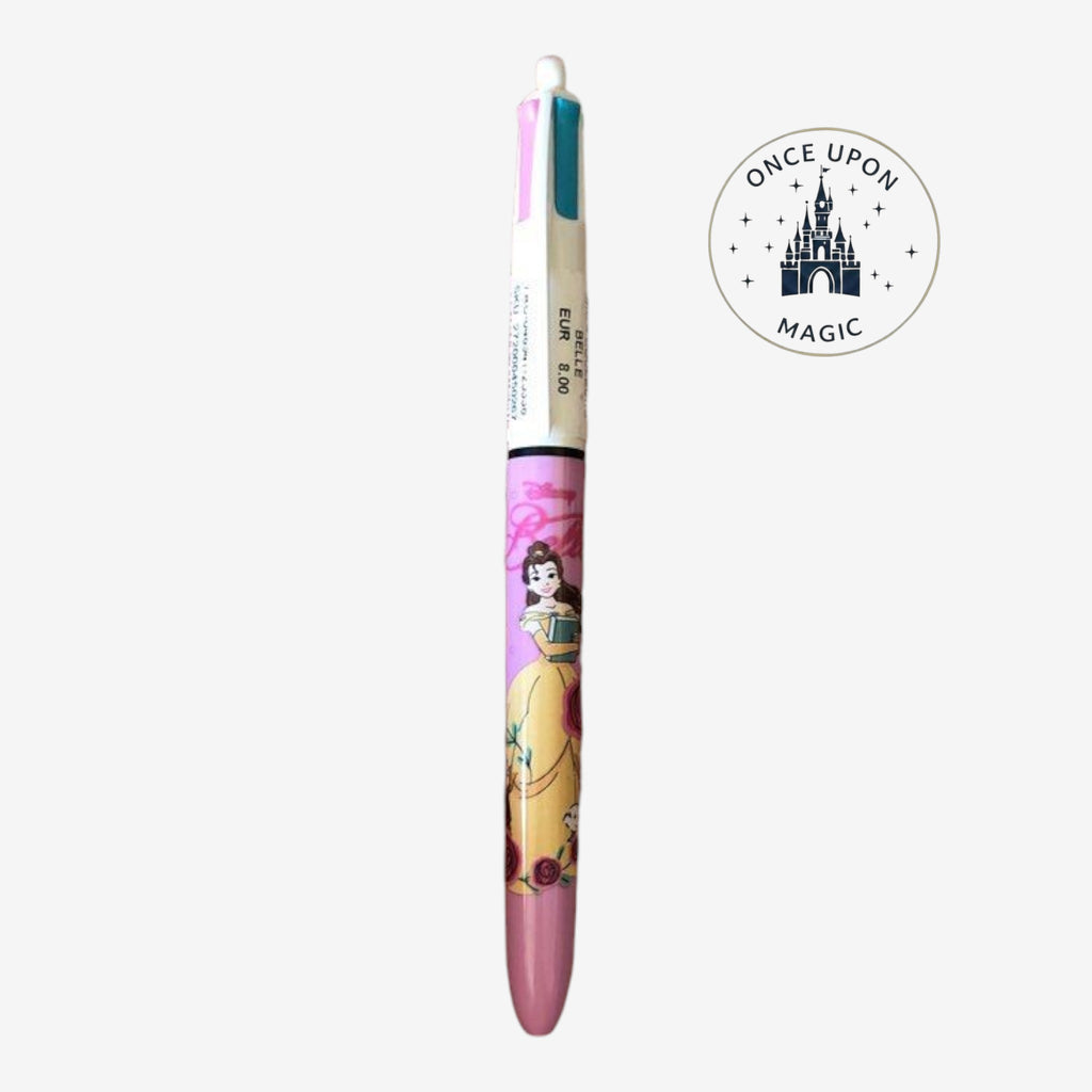 Once Upon Magic Disney Princess Belle multi-color retractable ballpoint pen with floral motifs held in a hand