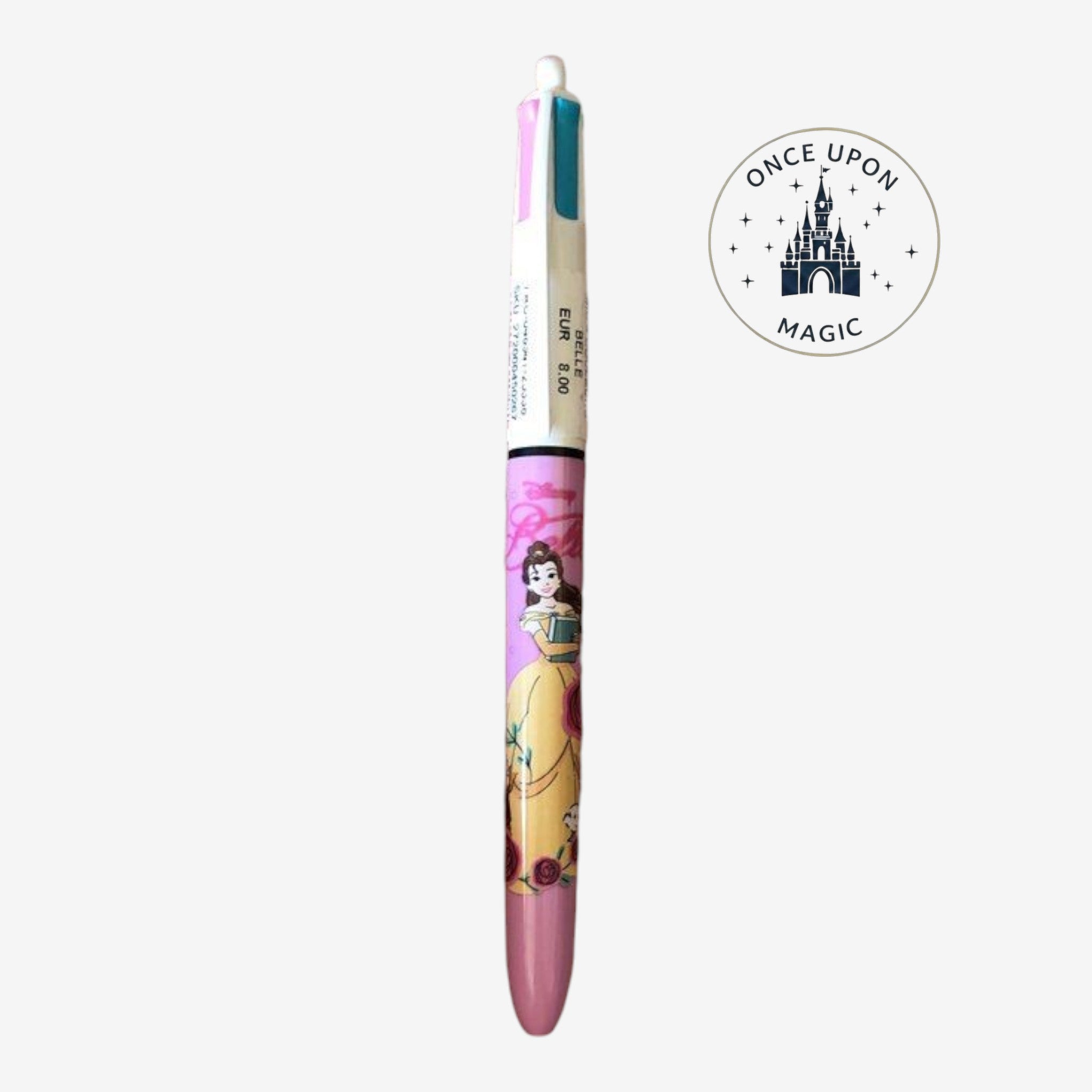 Once Upon Magic Disney Princess Belle multi-color retractable ballpoint pen with floral motifs held in a hand