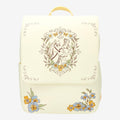 Once Upon Magic cream faux leather mini backpack with Belle and Philippe floral print, magnetic flap closure.