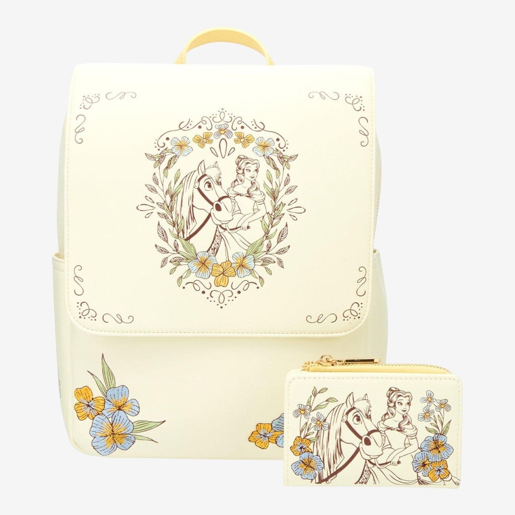 Once Upon Magic cream faux leather mini backpack and wallet with Belle and Philippe floral print.