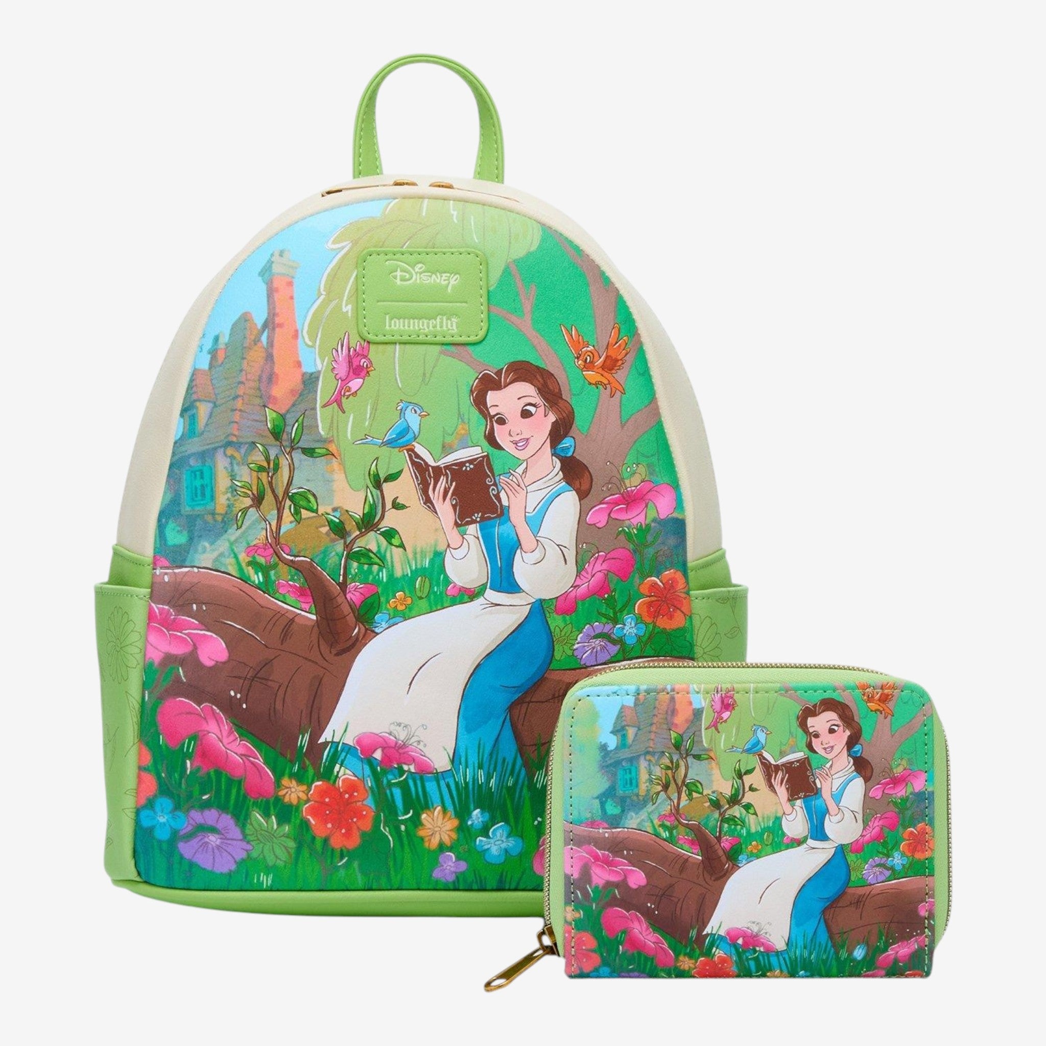 Once Upon Magic Disney La Belle et la Bête Belle reading in forest mini backpack, faux leather, green trim, colorful floral scene.