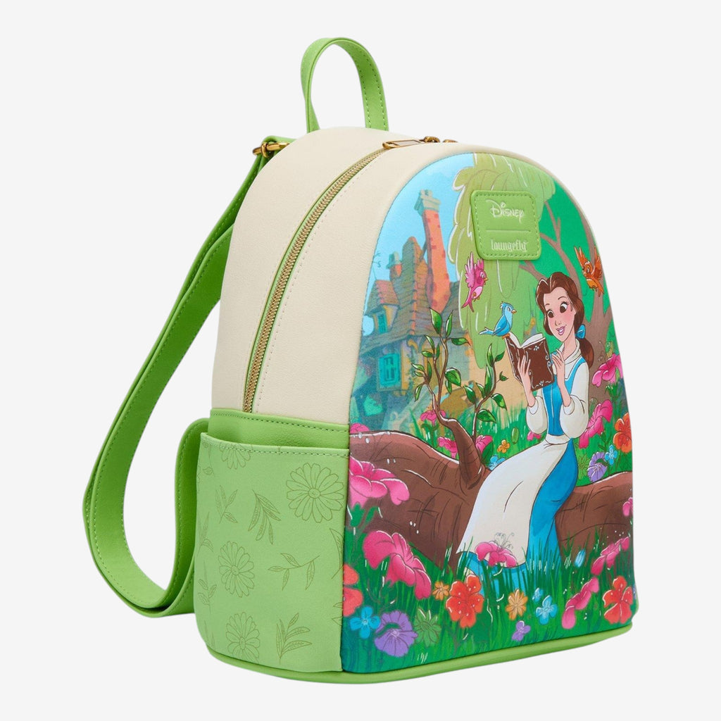 Once Upon Magic mini backpack featuring Belle reading in a forest with birds and flowers, faux leather, cream and green.