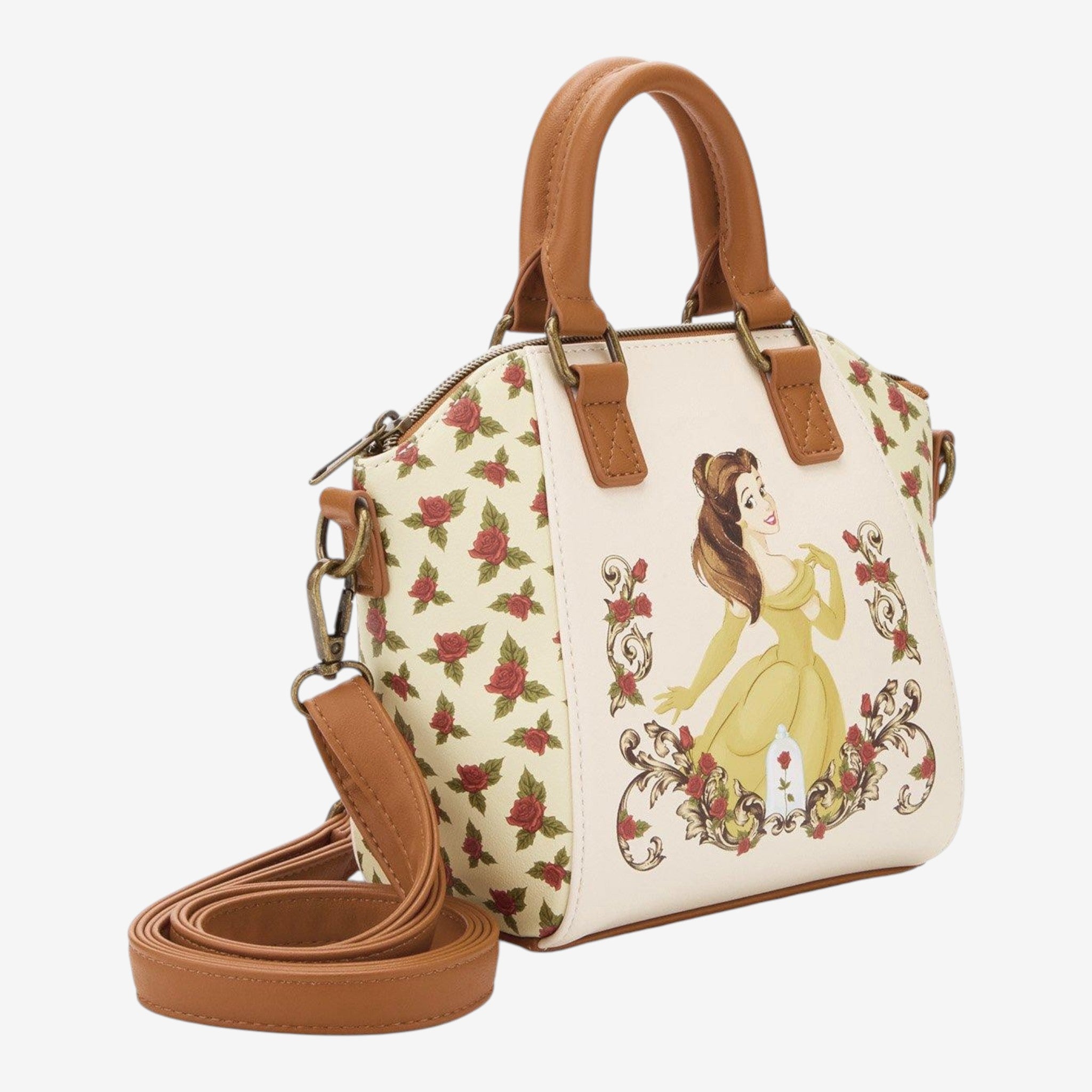 Once Upon Magic La Belle et la Bête mini satchel with Belle in a yellow gown surrounded by roses. Faux leather.